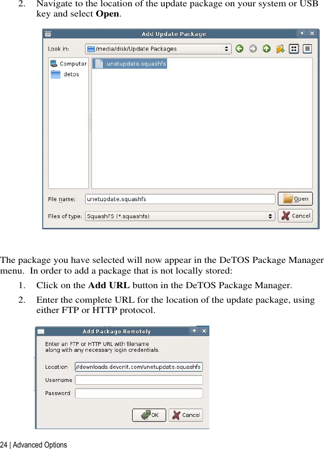 24 | Advanced Options   2. Navigate to the location of the update package on your system or USB key and select Open.  The package you have selected will now appear in the DeTOS Package Manager menu.  In order to add a package that is not locally stored: 1. Click on the Add URL button in the DeTOS Package Manager. 2. Enter the complete URL for the location of the update package, using either FTP or HTTP protocol. 