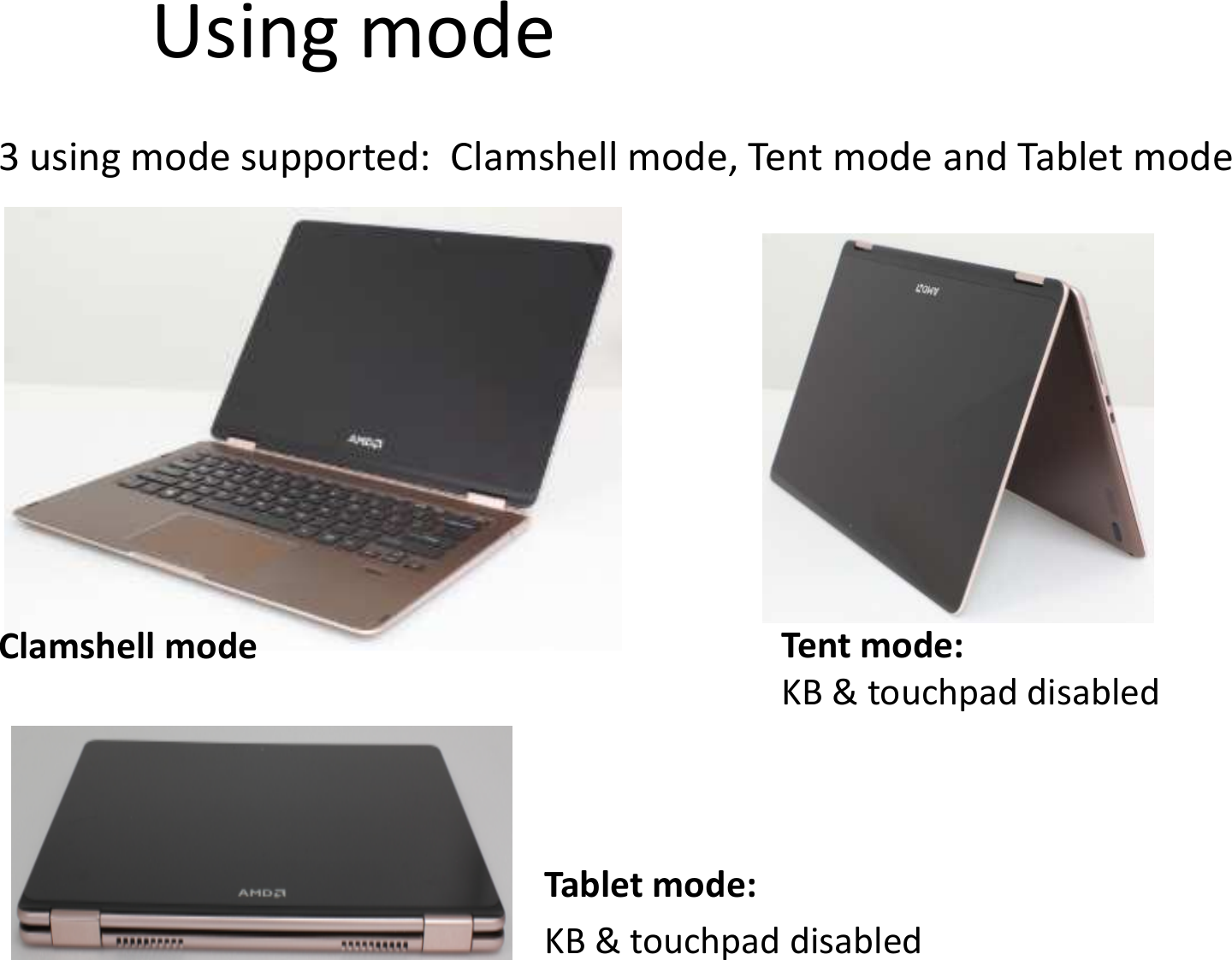 Using mode3 using mode supported:  Clamshell mode, Tent mode and Tablet modeClamshell modeTablet mode:KB &amp; touchpad disabledClamshell mode3 using mode supported:  Clamshell mode, Tent mode and Tablet modeTent mode:Tablet mode:KB &amp; touchpad disabledTent mode:KB &amp; touchpad disabled