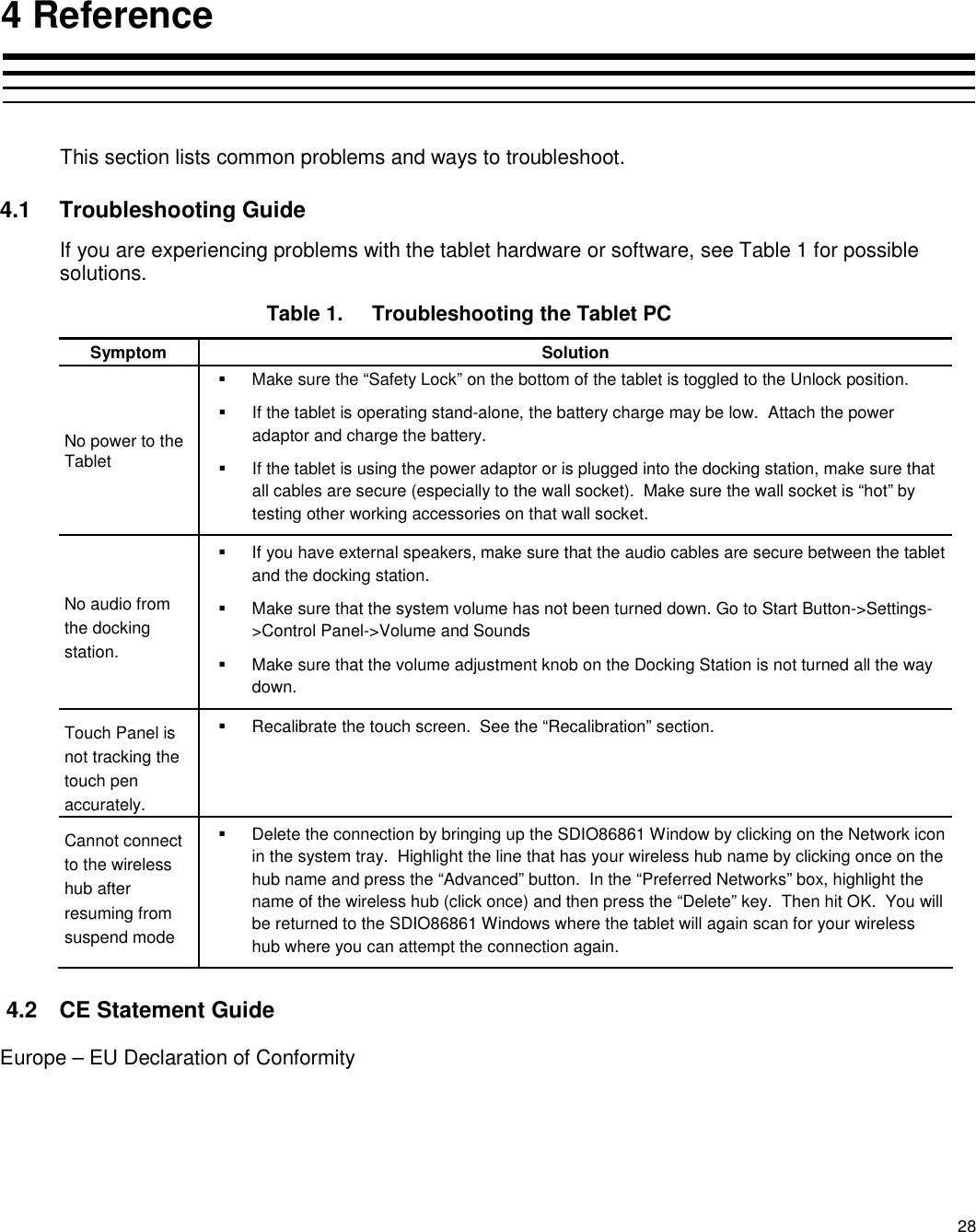 28  4 Reference  This section lists common problems and ways to troubleshoot. 4.1  Troubleshooting Guide If you are experiencing problems with the tablet hardware or software, see Table 1 for possible solutions. Table 1.  Troubleshooting the Tablet PC Symptom  Solution No power to the Tablet   Make sure the “Safety Lock” on the bottom of the tablet is toggled to the Unlock position.   If the tablet is operating stand-alone, the battery charge may be low.  Attach the power adaptor and charge the battery.   If the tablet is using the power adaptor or is plugged into the docking station, make sure that all cables are secure (especially to the wall socket).  Make sure the wall socket is “hot” by testing other working accessories on that wall socket. No audio from the docking station.   If you have external speakers, make sure that the audio cables are secure between the tablet and the docking station.   Make sure that the system volume has not been turned down. Go to Start Button-&gt;Settings-&gt;Control Panel-&gt;Volume and Sounds   Make sure that the volume adjustment knob on the Docking Station is not turned all the way down. Touch Panel is not tracking the touch pen accurately.   Recalibrate the touch screen.  See the “Recalibration” section. Cannot connect to the wireless hub after resuming from suspend mode   Delete the connection by bringing up the SDIO86861 Window by clicking on the Network icon in the system tray.  Highlight the line that has your wireless hub name by clicking once on the hub name and press the “Advanced” button.  In the “Preferred Networks” box, highlight the name of the wireless hub (click once) and then press the “Delete” key.  Then hit OK.  You will be returned to the SDIO86861 Windows where the tablet will again scan for your wireless hub where you can attempt the connection again.  4.2  CE Statement Guide Europe – EU Declaration of Conformity  