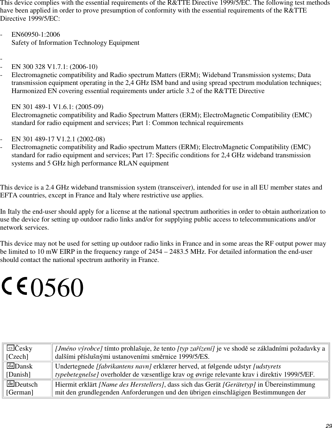          29 This device complies with the essential requirements of the R&amp;TTE Directive 1999/5/EC. The following test methods have been applied in order to prove presumption of conformity with the essential requirements of the R&amp;TTE Directive 1999/5/EC:  - EN60950-1:2006 Safety of Information Technology Equipment    -  - EN 300 328 V1.7.1: (2006-10) - Electromagnetic compatibility and Radio spectrum Matters (ERM); Wideband Transmission systems; Data transmission equipment operating in the 2,4 GHz ISM band and using spread spectrum modulation techniques; Harmonized EN covering essential requirements under article 3.2 of the R&amp;TTE Directive  EN 301 489-1 V1.6.1: (2005-09) Electromagnetic compatibility and Radio Spectrum Matters (ERM); ElectroMagnetic Compatibility (EMC) standard for radio equipment and services; Part 1: Common technical requirements  - EN 301 489-17 V1.2.1 (2002-08)  - Electromagnetic compatibility and Radio spectrum Matters (ERM); ElectroMagnetic Compatibility (EMC) standard for radio equipment and services; Part 17: Specific conditions for 2,4 GHz wideband transmission systems and 5 GHz high performance RLAN equipment    This device is a 2.4 GHz wideband transmission system (transceiver), intended for use in all EU member states and EFTA countries, except in France and Italy where restrictive use applies.  In Italy the end-user should apply for a license at the national spectrum authorities in order to obtain authorization to use the device for setting up outdoor radio links and/or for supplying public access to telecommunications and/or network services.  This device may not be used for setting up outdoor radio links in France and in some areas the RF output power may be limited to 10 mW EIRP in the frequency range of 2454 – 2483.5 MHz. For detailed information the end-user should contact the national spectrum authority in France.  0560      Česky [Czech]  [Jméno výrobce] tímto prohlašuje, že tento [typ zařízení] je ve shodě se základními požadavky a dalšími příslušnými ustanoveními směrnice 1999/5/ES. Dansk [Danish]  Undertegnede [fabrikantens navn] erklærer herved, at følgende udstyr [udstyrets typebetegnelse] overholder de væsentlige krav og øvrige relevante krav i direktiv 1999/5/EF. Deutsch [German]  Hiermit erklärt [Name des Herstellers], dass sich das Gerät [Gerätetyp] in Übereinstimmung mit den grundlegenden Anforderungen und den übrigen einschlägigen Bestimmungen der 