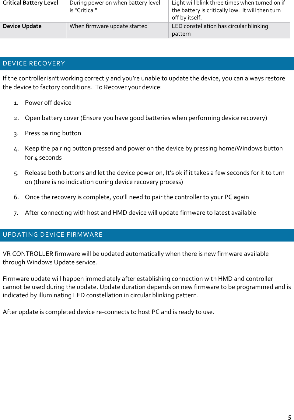 5CriticalBatteryLevelDuringpoweronwhenbatterylevelis&quot;Critical&quot;Lightwillblinkthreetimeswhenturnedonifthebatteryiscriticallylow.Itwillthenturnoffbyitself.DeviceUpdateWhenfirmwareupdatestartedLEDconstellationhascircularblinkingpatternDEVICERECOVERYIfthecontrollerisn’tworkingcorrectlyandyou’reunabletoupdatethedevice,youcanalwaysrestorethedevicetofactoryconditions.ToRecoveryourdevice:1. Poweroffdevice2. Openbatterycover(Ensureyouhavegoodbatterieswhenperformingdevicerecovery)3. Presspairingbutton4. Keepthepairingbuttonpressedandpoweronthedevicebypressinghome/Windowsbuttonfor4seconds5. Releasebothbuttonsandletthedevicepoweron,It’sokifittakesafewsecondsforittoturnon(thereisnoindicationduringdevicerecoveryprocess)6. Oncetherecoveryiscomplete,you’llneedtopairthecontrollertoyourPCagain7. AfterconnectingwithhostandHMDdevicewillupdatefirmwaretolatestavailableUPDATINGDEVICEFIRMWAREVRCONTROLLERfirmwarewillbeupdatedautomaticallywhenthereisnewfirmwareavailablethroughWindowsUpdateservice.FirmwareupdatewillhappenimmediatelyafterestablishingconnectionwithHMDandcontrollercannotbeusedduringtheupdate.UpdatedurationdependsonnewfirmwaretobeprogrammedandisindicatedbyilluminatingLEDconstellationincircularblinkingpattern.Afterupdateiscompleteddevicere‐connectstohostPCandisreadytouse.