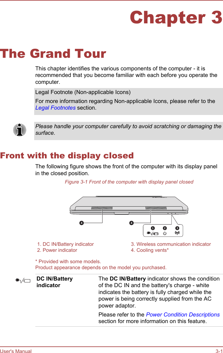 Chapter 3The Grand TourThis chapter identifies the various components of the computer - it isrecommended that you become familiar with each before you operate thecomputer.Legal Footnote (Non-applicable Icons)For more information regarding Non-applicable Icons, please refer to theLegal Footnotes section.Please handle your computer carefully to avoid scratching or damaging thesurface.Front with the display closedThe following figure shows the front of the computer with its display panelin the closed position.Figure 3-1 Front of the computer with display panel closed4 41 2 31. DC IN/Battery indicator 3. Wireless communication indicator2. Power indicator 4. Cooling vents** Provided with some models.Product appearance depends on the model you purchased.DC IN/BatteryindicatorThe DC IN/Battery indicator shows the conditionof the DC IN and the battery&apos;s charge - whiteindicates the battery is fully charged while thepower is being correctly supplied from the ACpower adaptor.Please refer to the Power Condition Descriptionssection for more information on this feature.User&apos;s Manual 3-1