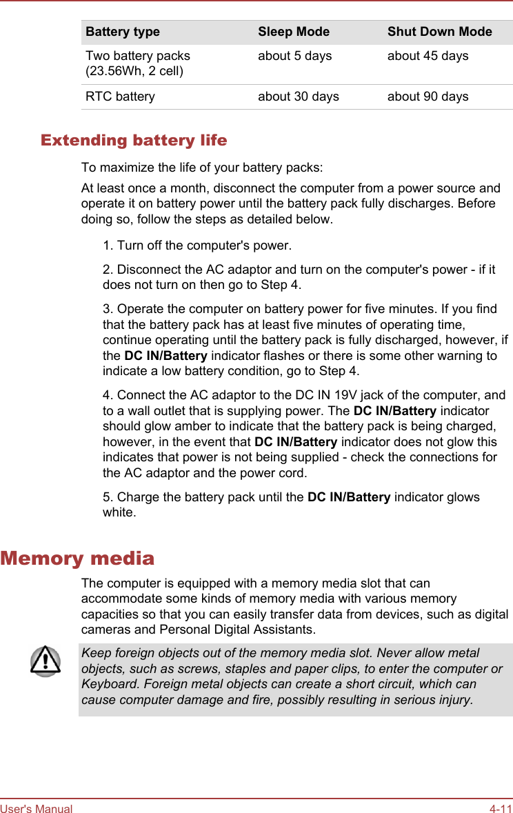 Battery type Sleep Mode Shut Down ModeTwo battery packs(23.56Wh, 2 cell)about 5 days about 45 daysRTC battery about 30 days about 90 daysExtending battery lifeTo maximize the life of your battery packs:At least once a month, disconnect the computer from a power source andoperate it on battery power until the battery pack fully discharges. Beforedoing so, follow the steps as detailed below.1. Turn off the computer&apos;s power.2. Disconnect the AC adaptor and turn on the computer&apos;s power - if itdoes not turn on then go to Step 4.3. Operate the computer on battery power for five minutes. If you findthat the battery pack has at least five minutes of operating time,continue operating until the battery pack is fully discharged, however, ifthe DC IN/Battery indicator flashes or there is some other warning toindicate a low battery condition, go to Step 4.4. Connect the AC adaptor to the DC IN 19V jack of the computer, andto a wall outlet that is supplying power. The DC IN/Battery indicatorshould glow amber to indicate that the battery pack is being charged,however, in the event that DC IN/Battery indicator does not glow thisindicates that power is not being supplied - check the connections forthe AC adaptor and the power cord.5. Charge the battery pack until the DC IN/Battery indicator glowswhite.Memory mediaThe computer is equipped with a memory media slot that canaccommodate some kinds of memory media with various memorycapacities so that you can easily transfer data from devices, such as digitalcameras and Personal Digital Assistants.Keep foreign objects out of the memory media slot. Never allow metalobjects, such as screws, staples and paper clips, to enter the computer orKeyboard. Foreign metal objects can create a short circuit, which cancause computer damage and fire, possibly resulting in serious injury.User&apos;s Manual 4-11