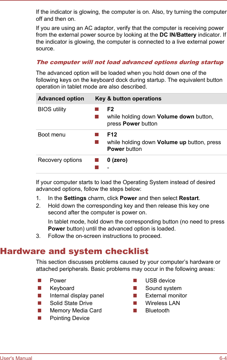 If the indicator is glowing, the computer is on. Also, try turning the computeroff and then on.If you are using an AC adaptor, verify that the computer is receiving powerfrom the external power source by looking at the DC IN/Battery indicator. Ifthe indicator is glowing, the computer is connected to a live external powersource.The computer will not load advanced options during startupThe advanced option will be loaded when you hold down one of thefollowing keys on the keyboard dock during startup. The equivalent buttonoperation in tablet mode are also described.Advanced option Key &amp; button operationsBIOS utility F2while holding down Volume down button,press Power buttonBoot menu F12while holding down Volume up button, pressPower buttonRecovery options 0 (zero)-If your computer starts to load the Operating System instead of desiredadvanced options, follow the steps below:1. In the Settings charm, click Power and then select Restart.2. Hold down the corresponding key and then release this key onesecond after the computer is power on.In tablet mode, hold down the corresponding button (no need to pressPower button) until the advanced option is loaded.3. Follow the on-screen instructions to proceed.Hardware and system checklistThis section discusses problems caused by your computer’s hardware orattached peripherals. Basic problems may occur in the following areas:PowerKeyboardInternal display panelSolid State DriveMemory Media CardPointing DeviceUSB deviceSound systemExternal monitorWireless LANBluetoothUser&apos;s Manual 6-4