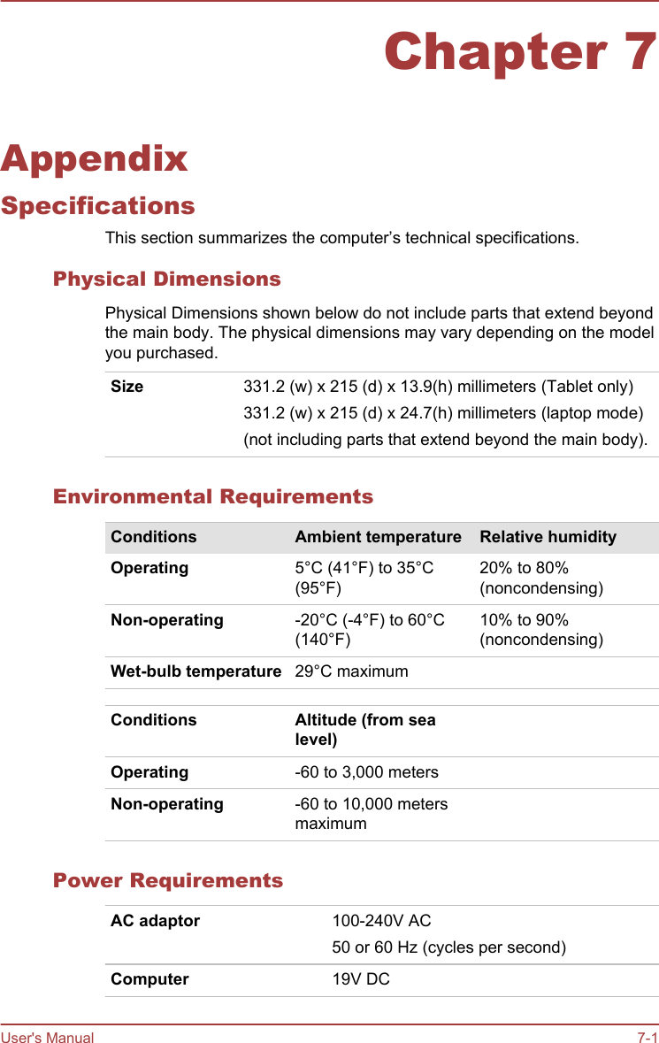 Chapter 7AppendixSpecificationsThis section summarizes the computer’s technical specifications.Physical DimensionsPhysical Dimensions shown below do not include parts that extend beyondthe main body. The physical dimensions may vary depending on the modelyou purchased.Size 331.2 (w) x 215 (d) x 13.9(h) millimeters (Tablet only)331.2 (w) x 215 (d) x 24.7(h) millimeters (laptop mode)(not including parts that extend beyond the main body).Environmental RequirementsConditions Ambient temperature Relative humidityOperating 5°C (41°F) to 35°C(95°F)20% to 80%(noncondensing)Non-operating -20°C (-4°F) to 60°C(140°F)10% to 90%(noncondensing)Wet-bulb temperature 29°C maximumConditions Altitude (from sealevel)Operating -60 to 3,000 metersNon-operating -60 to 10,000 metersmaximumPower RequirementsAC adaptor 100-240V AC50 or 60 Hz (cycles per second)Computer 19V DCUser&apos;s Manual 7-1