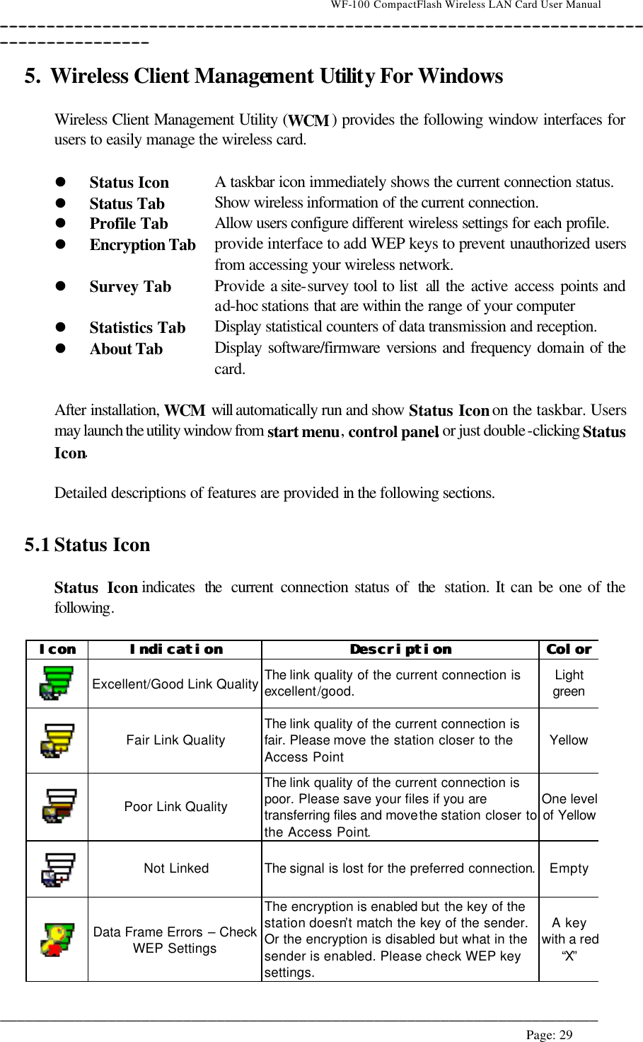                                    WF-100 CompactFlash Wireless LAN Card User Manual __________________________________________________________________________________________________________________________________________________________________________  ________________________________________________________________________  Page: 29   5. Wireless Client Management Utility For Windows  Wireless Client Management Utility (WCM ) provides the following window interfaces for users to easily manage the wireless card.   l Status Icon A taskbar icon immediately shows the current connection status.  l Status Tab Show wireless information of the current connection.  l Profile Tab Allow users configure different wireless settings for each profile.  l Encryption Tab provide interface to add WEP keys to prevent unauthorized users from accessing your wireless network.  l Survey Tab Provide a site-survey tool to list  all  the active access points and ad-hoc stations that are within the range of your computer l Statistics Tab Display  statistical counters of data transmission and reception.  l About Tab Display software/firmware versions and frequency domain of the card.  After installation, WCM will automatically run and show Status Icon on the taskbar. Users may launch the utility window from start menu, control panel, or just double-clicking Status Icon.   Detailed descriptions of features are provided in the following sections.   5.1 Status Icon   Status Icon indicates  the current connection status of  the station. It can be one of the following.  IconIcon   IndicationIndication   DescriptionDescription   ColorColor   Excellent/Good Link Quality The link quality of the current connection is excellent/good. Light green  Fair Link Quality The link quality of the current connection is fair. Please move the station closer to the Access Point Yellow  Poor Link Quality The link quality of the current connection is poor. Please save your files if you are transferring files and move the station closer to the Access Point. One level of Yellow  Not Linked The signal is lost for the preferred connection. Empty  Data Frame Errors – Check WEP Settings The encryption is enabled but the key of the station doesn’t match the key of the sender. Or the encryption is disabled but what in the sender is enabled. Please check WEP key settings. A key with a red “X”   