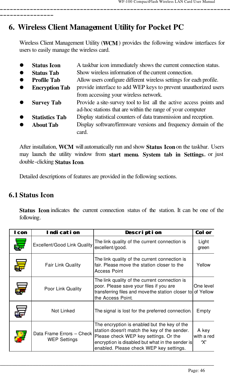                                    WF-100 CompactFlash Wireless LAN Card User Manual __________________________________________________________________________________________________________________________________________________________________________  ________________________________________________________________________  Page: 46   6. Wireless Client Management Utility for Pocket PC  Wireless Client Management Utility (WCM ) provides the following window interfaces for users to easily manage the wireless card.   l Status Icon A taskbar icon immediately shows the current connection status.  l Status Tab Show wireless information of the current connection.  l Profile Tab Allow users configure different wireless settings for each profile.  l Encryption Tab provide interface to add WEP keys to prevent unauthorized users from accessing your wireless network.  l Survey Tab Provide a site-survey tool to list  all  the active access points and ad-hoc stations that are within the range of your computer l Statistics Tab Display  statistical counters of data transmission and reception.  l About Tab Display software/firmware versions and frequency domain of the card.  After installation, WCM will automatically run and show Status Icon on the taskbar. Users may launch the utility window from start menu,  System tab in Settings, or just double-clicking  Status Icon.   Detailed descriptions of features are provided in the following sections.   6.1 Status Icon   Status Icon indicates  the current connection  status of  the station. It can be one of the following.  IconIcon   IndicationIndication   DescriptionDescription   ColorColor   Excellent/Good Link Quality The link quality of the current connection is excellent/good. Light green  Fair Link Quality The link quality of the current connection is fair. Please move the station closer to the Access Point Yellow  Poor Link Quality The link quality of the current connection is poor. Please save your files if you are transferring files and move the station closer to the Access Point. One level of Yellow  Not Linked The signal is lost for the preferred connection. Empty  Data Frame Errors – Check WEP Settings The encryption is enabled but the key of the station doesn’t match the key of the sender. Please check WEP key settings. Or the encryption is disabled but what in the sender is enabled. Please check WEP key settings. A key with a red “X”   