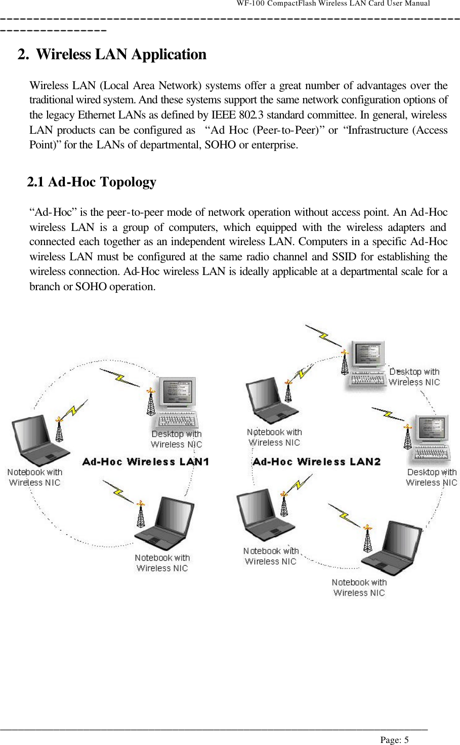                                    WF-100 CompactFlash Wireless LAN Card User Manual __________________________________________________________________________________________________________________________________________________________________________  ________________________________________________________________________  Page: 5   2. Wireless LAN Application  Wireless LAN (Local Area Network) systems offer a great number of advantages over the traditional wired system. And these systems support the same network configuration options of the legacy Ethernet LANs as defined by IEEE 802.3 standard committee. In general, wireless LAN products can be configured as  “Ad Hoc (Peer-to-Peer)” or “Infrastructure (Access Point)” for the LANs of departmental, SOHO or enterprise.  2.1 Ad-Hoc Topology  “Ad-Hoc” is the peer-to-peer mode of network operation without access point. An Ad-Hoc wireless LAN is a group of computers, which equipped with the wireless adapters and connected each together as an independent wireless LAN. Computers in a specific Ad-Hoc wireless LAN must be configured at the same radio channel and SSID for establishing the wireless connection. Ad-Hoc wireless LAN is ideally applicable at a departmental scale for a branch or SOHO operation.     