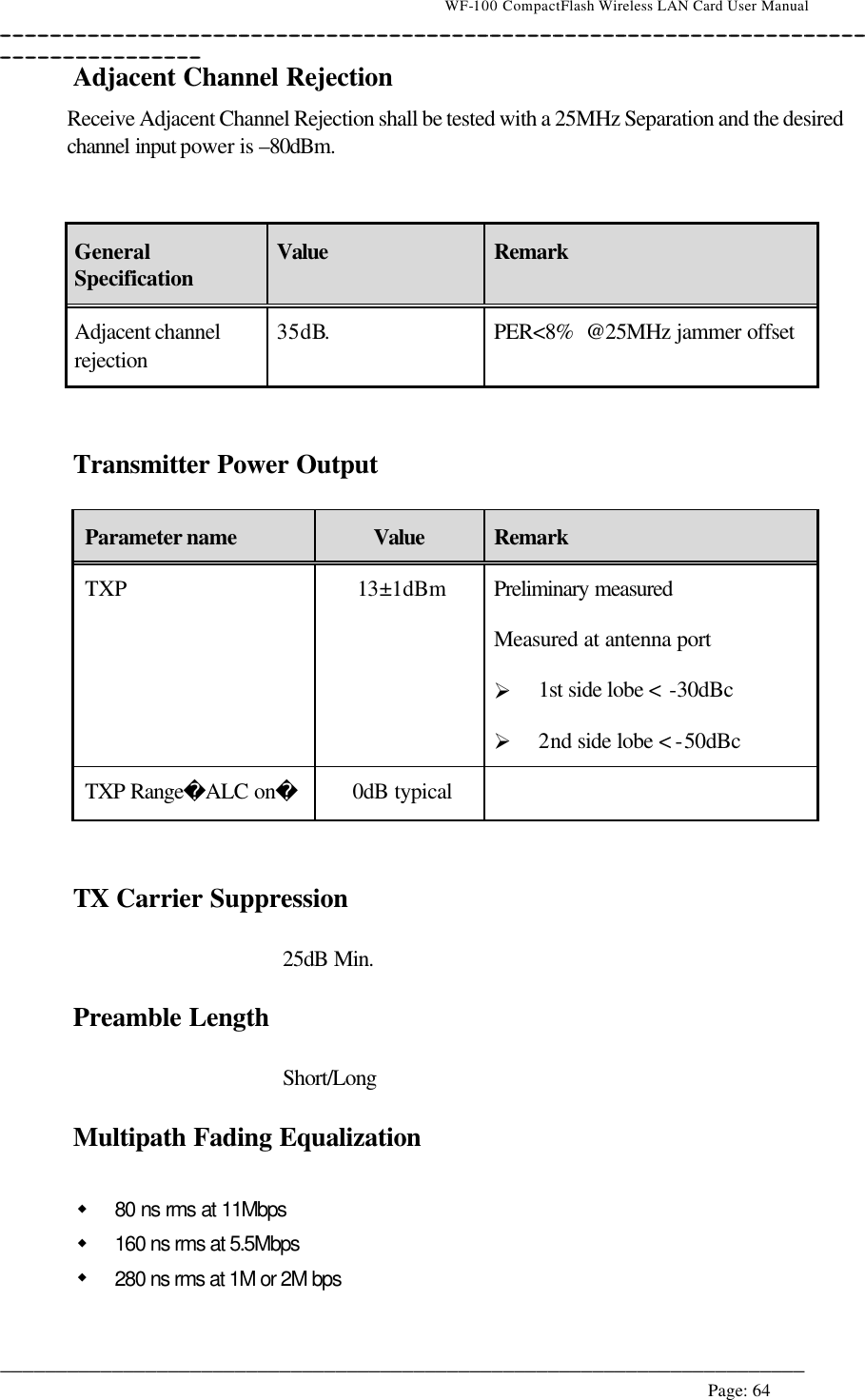                                    WF-100 CompactFlash Wireless LAN Card User Manual __________________________________________________________________________________________________________________________________________________________________________  ________________________________________________________________________  Page: 64   Adjacent Channel Rejection Receive Adjacent Channel Rejection shall be tested with a 25MHz Separation and the desired channel input power is –80dBm.  General Specification Value  Remark Adjacent channel rejection 35dB. PER&lt;8%  @25MHz jammer offset   Transmitter Power Output  Parameter name Value Remark TXP 13±1dBm Preliminary measured Measured at antenna port Ø 1st side lobe &lt; -30dBc Ø 2nd side lobe &lt; -50dBc TXP RangeALC on 0dB typical     TX Carrier Suppression   25dB Min.    Preamble Length   Short/Long    Multipath Fading Equalization  w 80 ns rms at 11Mbps w 160 ns rms at 5.5Mbps w 280 ns rms at 1M or 2M bps   