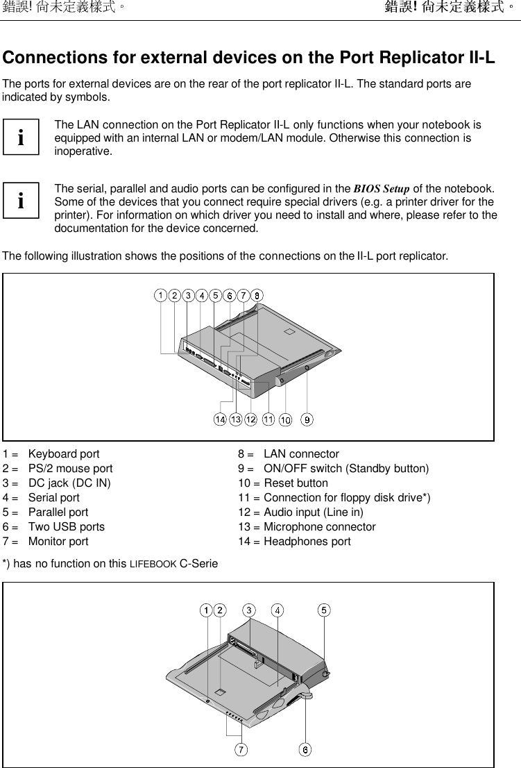  !  ! Connections for external devices on the Port Replicator II-LThe ports for external devices are on the rear of the port replicator II-L. The standard ports areindicated by symbols.iThe LAN connection on the Port Replicator II-L only functions when your notebook isequipped with an internal LAN or modem/LAN module. Otherwise this connection isinoperative.iThe serial, parallel and audio ports can be configured in the BIOS Setup of the notebook.Some of the devices that you connect require special drivers (e.g. a printer driver for theprinter). For information on which driver you need to install and where, please refer to thedocumentation for the device concerned.The following illustration shows the positions of the connections on the II-L port replicator.1 =   Keyboard port2 =   PS/2 mouse port3 =   DC jack (DC IN)4 =   Serial port5 =   Parallel port6 =   Two USB ports7 =   Monitor port8 =   LAN connector9 =   ON/OFF switch (Standby button)10 =  Reset button11 =  Connection for floppy disk drive*)12 =  Audio input (Line in)13 =  Microphone connector14 =  Headphones port*) has no function on this LIFEBOOK C-Serie