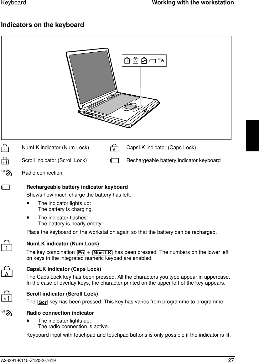  Keyboard Working with the workstationA26391-K115-Z120-2-7619 27Indicators on the keyboard22A1 BT1NumLK indicator (Num Lock)ACapsLK indicator (Caps Lock) Scroll indicator (Scroll Lock) Rechargeable battery indicator keyboardBT Radio connectionRechargeable battery indicator keyboardShows how much charge the battery has left.· The indicator lights up:The battery is charging.· The indicator flashes:The battery is nearly empty.Place the keyboard on the workstation again so that the battery can be recharged.1NumLK indicator (Num Lock)The key combination [Fn] + [Num LK] has been pressed. The numbers on the lower lefton keys in the integrated numeric keypad are enabled.ACapsLK indicator (Caps Lock)The Caps Lock key has been pressed. All the characters you type appear in uppercase.In the case of overlay keys, the character printed on the upper left of the key appears. Scroll indicator (Scroll Lock)The [Scr] key has been pressed. This key has varies from programme to programme.BT Radio connection indicator· The indicator lights up:The radio connection is active.Keyboard input with touchpad and touchpad buttons is only possible if the indicator is lit.