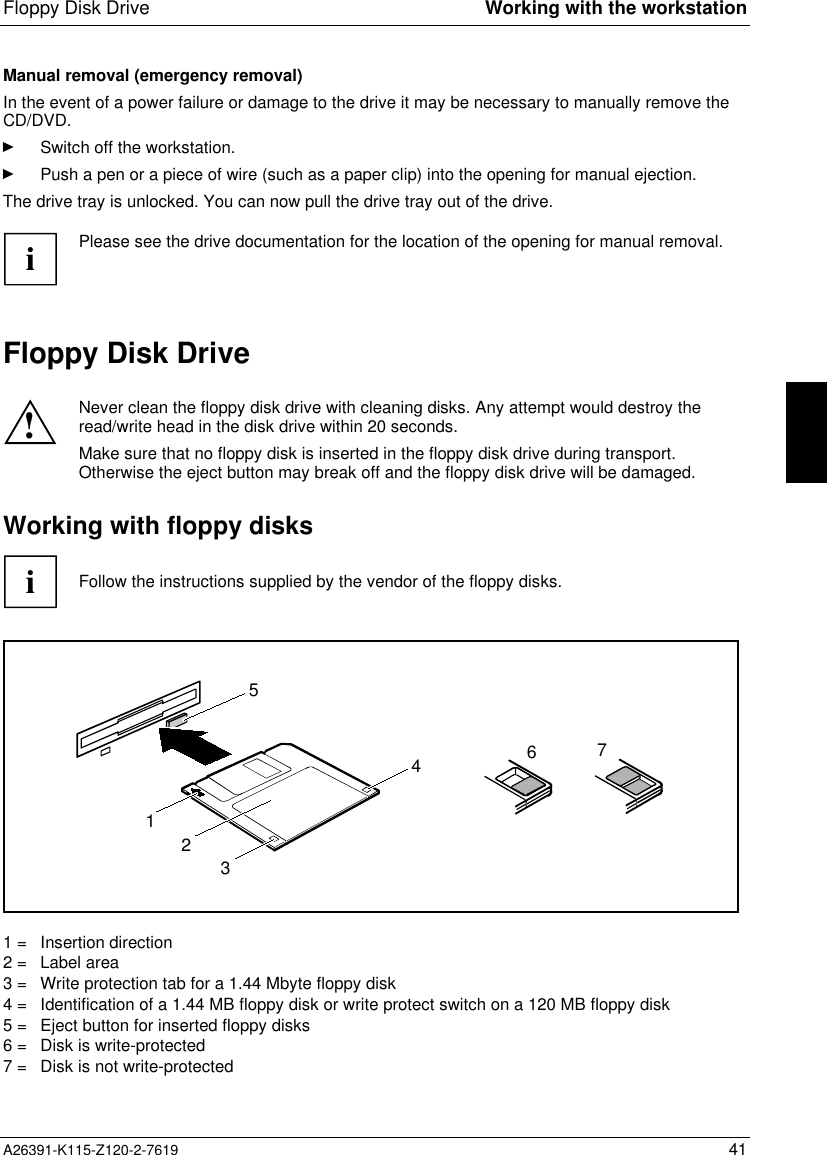  Floppy Disk Drive Working with the workstationA26391-K115-Z120-2-7619 41 Manual removal (emergency removal) In the event of a power failure or damage to the drive it may be necessary to manually remove theCD/DVD.Ê Switch off the workstation.Ê Push a pen or a piece of wire (such as a paper clip) into the opening for manual ejection.The drive tray is unlocked. You can now pull the drive tray out of the drive.iPlease see the drive documentation for the location of the opening for manual removal.Floppy Disk Drive!Never clean the floppy disk drive with cleaning disks. Any attempt would destroy theread/write head in the disk drive within 20 seconds.Make sure that no floppy disk is inserted in the floppy disk drive during transport.Otherwise the eject button may break off and the floppy disk drive will be damaged.Working with floppy disksiFollow the instructions supplied by the vendor of the floppy disks.32156471 =  Insertion direction2 =  Label area3 =  Write protection tab for a 1.44 Mbyte floppy disk4 =  Identification of a 1.44 MB floppy disk or write protect switch on a 120 MB floppy disk5 =  Eject button for inserted floppy disks6 =  Disk is write-protected7 =  Disk is not write-protected