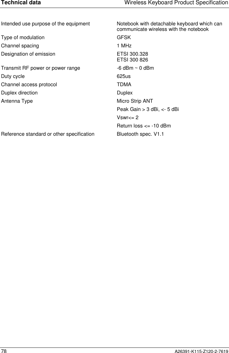  Technical data Wireless Keyboard Product Specification78 A26391-K115-Z120-2-7619Intended use purpose of the equipment Notebook with detachable keyboard which cancommunicate wireless with the notebookType of modulation GFSKChannel spacing 1 MHzDesignation of emission ETSI 300.328ETSI 300 826Transmit RF power or power range -6 dBm ~ 0 dBmDuty cycle 625usChannel access protocol TDMADuplex direction DuplexAntenna Type Micro Strip ANTPeak Gain &gt; 3 dBi, &lt;- 5 dBiVswr&lt;= 2Return loss &lt;= -10 dBmReference standard or other specification Bluetooth spec. V1.1