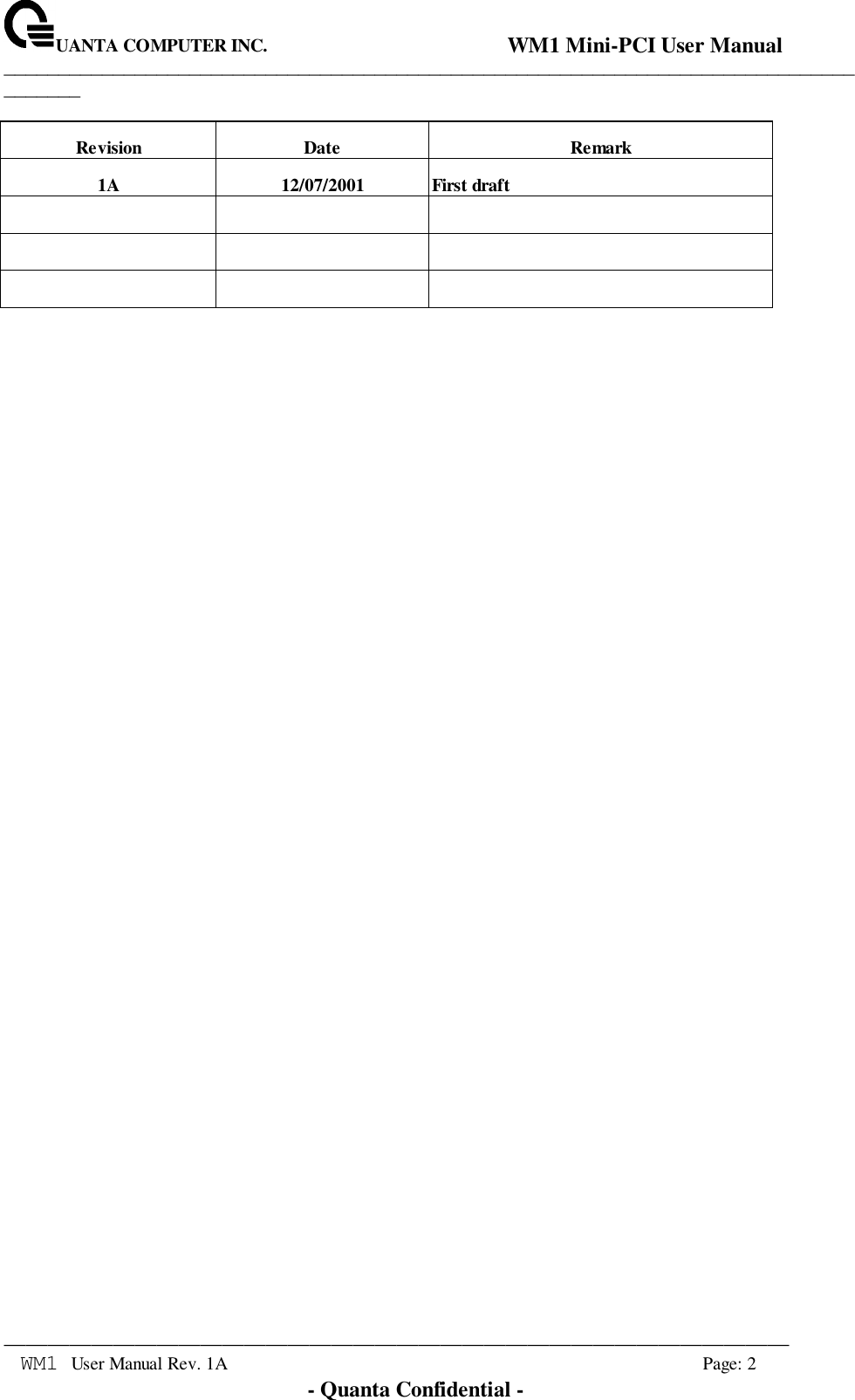 UANTA COMPUTER INC.                                WM1 Mini-PCI User Manual_____________________________________________________________________________________________________________________________________________________________WM1 User Manual Rev. 1A Page: 2- Quanta Confidential -Revision Date Remark1A 12/07/2001 First draft