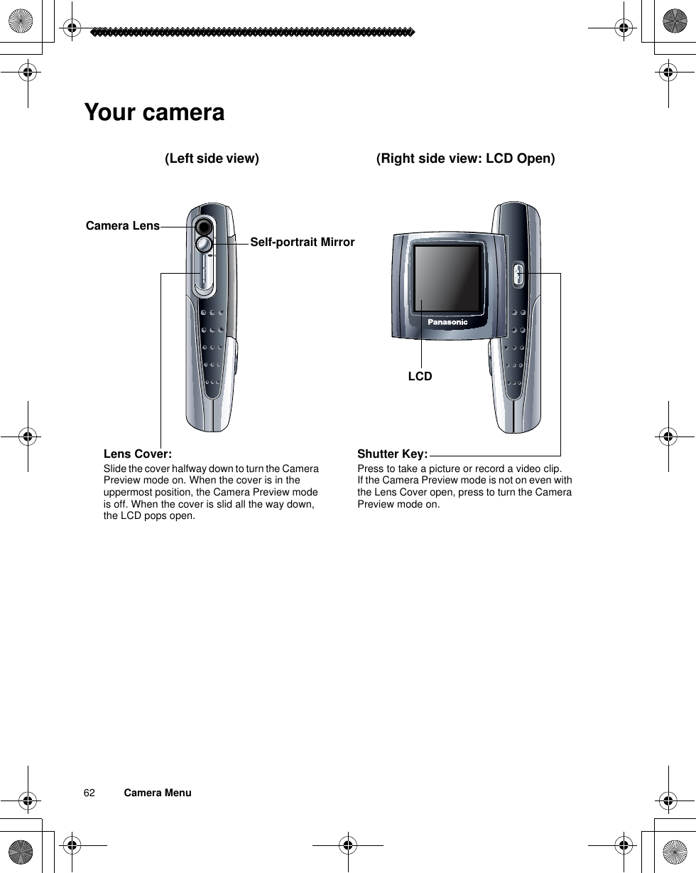 62          Camera MenuYour camera(Left side view) (Right side view: LCD Open)Shutter Key:Press to take a picture or record a video clip.If the Camera Preview mode is not on even with the Lens Cover open, press to turn the Camera Preview mode on.LCDLens Cover:Slide the cover halfway down to turn the Camera Preview mode on. When the cover is in the uppermost position, the Camera Preview mode is off. When the cover is slid all the way down, the LCD pops open.Camera LensSelf-portrait Mirror