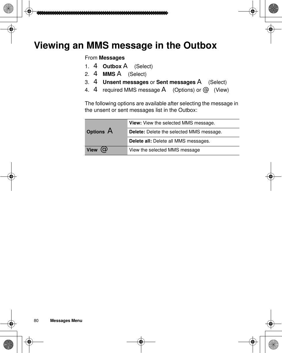 80          Messages MenuViewing an MMS message in the OutboxFrom Messages1. 4Outbox A(Select)2. 4MMS A(Select)3. 4Unsent messages or Sent messages A(Select)4. 4 required MMS message A(Options) or @(View)The following options are available after selecting the message in the unsent or sent messages list in the Outbox:Options  AView: View the selected MMS message.Delete: Delete the selected MMS message.Delete all: Delete all MMS messages.View @View the selected MMS message
