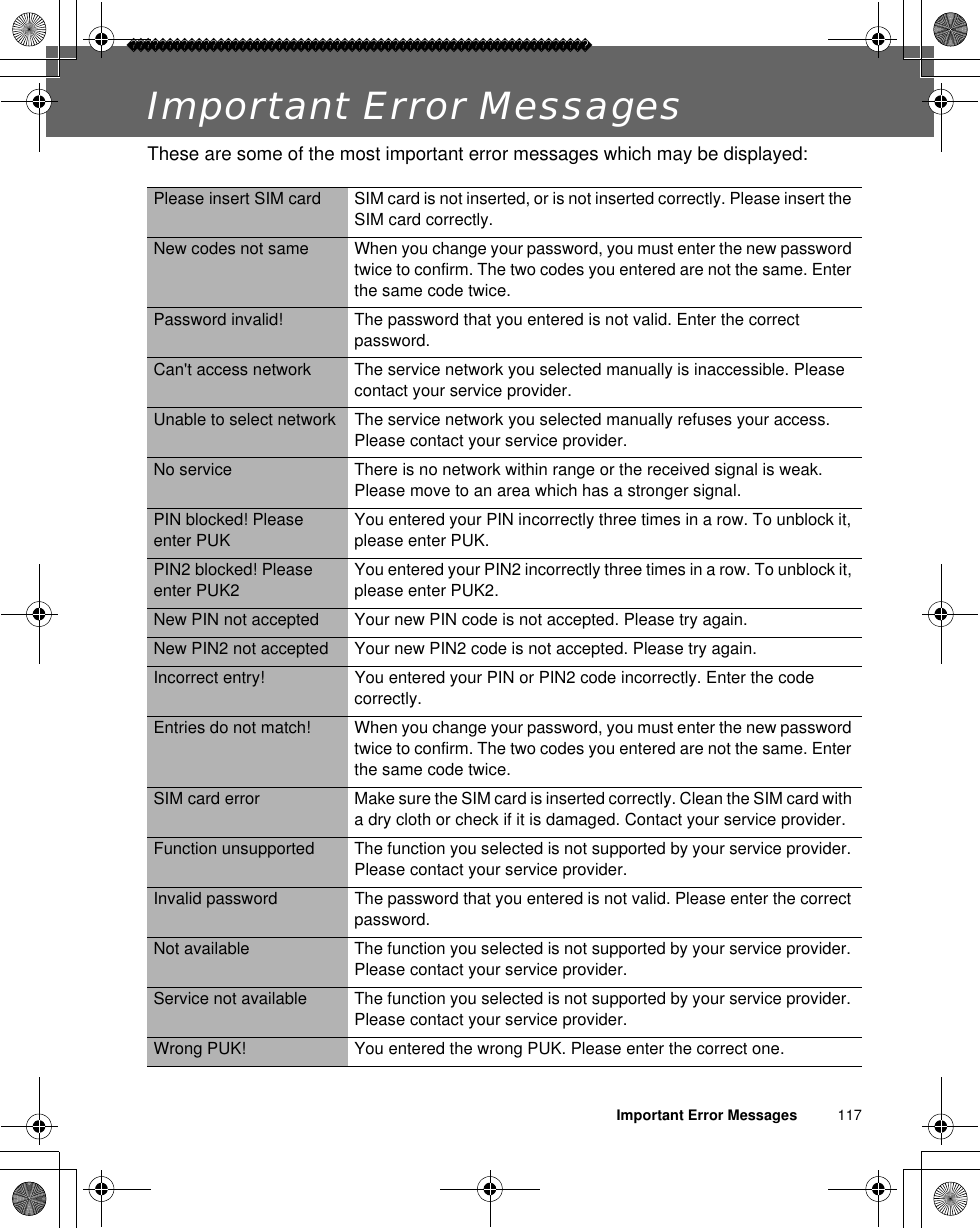 Important Error Messages          117Important Error MessagesThese are some of the most important error messages which may be displayed:Please insert SIM card SIM card is not inserted, or is not inserted correctly. Please insert the SIM card correctly.New codes not same When you change your password, you must enter the new password twice to confirm. The two codes you entered are not the same. Enter the same code twice.Password invalid! The password that you entered is not valid. Enter the correct password.Can&apos;t access network The service network you selected manually is inaccessible. Please contact your service provider.Unable to select network The service network you selected manually refuses your access. Please contact your service provider.No service There is no network within range or the received signal is weak. Please move to an area which has a stronger signal.PIN blocked! Please enter PUKYou entered your PIN incorrectly three times in a row. To unblock it, please enter PUK.PIN2 blocked! Please enter PUK2You entered your PIN2 incorrectly three times in a row. To unblock it, please enter PUK2.New PIN not accepted Your new PIN code is not accepted. Please try again.New PIN2 not accepted Your new PIN2 code is not accepted. Please try again.Incorrect entry! You entered your PIN or PIN2 code incorrectly. Enter the code correctly.Entries do not match! When you change your password, you must enter the new password twice to confirm. The two codes you entered are not the same. Enter the same code twice.SIM card error Make sure the SIM card is inserted correctly. Clean the SIM card with a dry cloth or check if it is damaged. Contact your service provider.Function unsupported The function you selected is not supported by your service provider. Please contact your service provider.Invalid password The password that you entered is not valid. Please enter the correct password.Not available The function you selected is not supported by your service provider. Please contact your service provider.Service not available The function you selected is not supported by your service provider. Please contact your service provider.Wrong PUK! You entered the wrong PUK. Please enter the correct one.