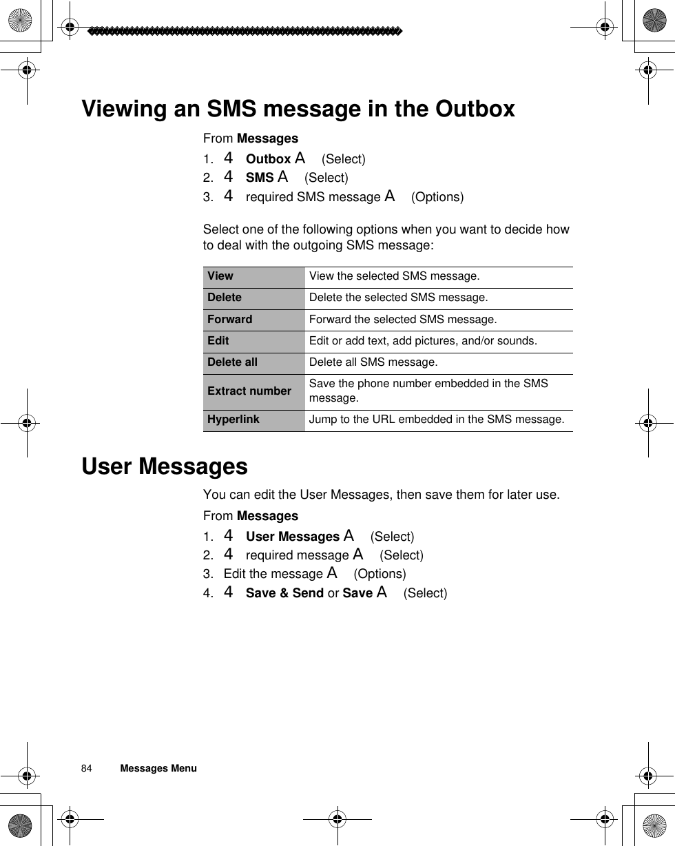 84          Messages MenuViewing an SMS message in the OutboxFrom Messages1. 4Outbox A(Select)2. 4SMS A(Select)3. 4 required SMS message A(Options)Select one of the following options when you want to decide how to deal with the outgoing SMS message:User MessagesYou can edit the User Messages, then save them for later use.From Messages1. 4User Messages A(Select)2. 4 required message A(Select)3. Edit the message A(Options)4. 4Save &amp; Send or Save A(Select)View View the selected SMS message.Delete Delete the selected SMS message.Forward Forward the selected SMS message.Edit Edit or add text, add pictures, and/or sounds.Delete all Delete all SMS message.Extract number Save the phone number embedded in the SMS message.Hyperlink Jump to the URL embedded in the SMS message.