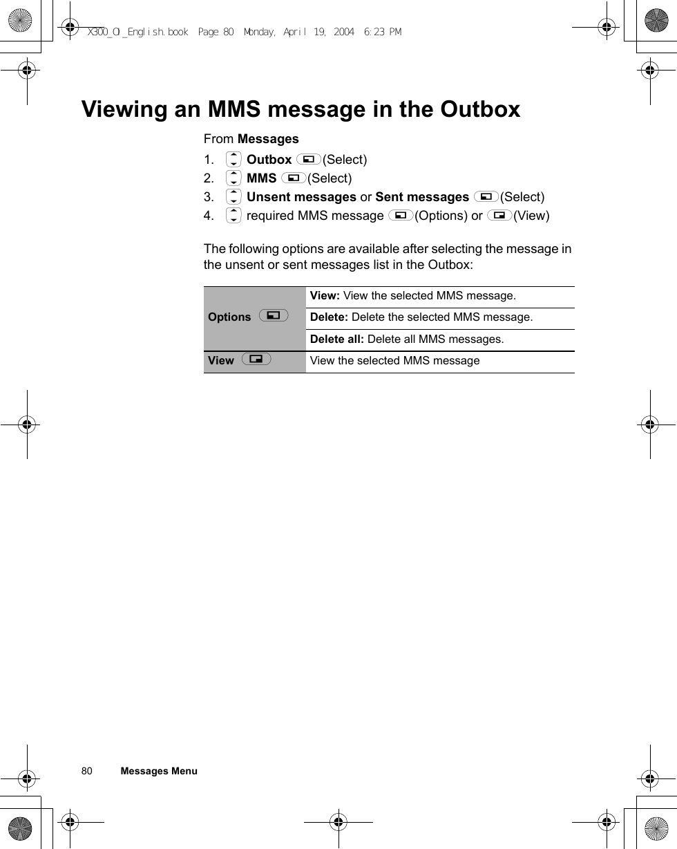 80          Messages MenuViewing an MMS message in the OutboxFrom Messages1. 4 Outbox A(Select)2. 4 MMS A(Select)3. 4 Unsent messages or Sent messages A(Select)4. 4 required MMS message A(Options) or @(View)The following options are available after selecting the message in the unsent or sent messages list in the Outbox:Options  AView: View the selected MMS message.Delete: Delete the selected MMS message.Delete all: Delete all MMS messages.View  @View the selected MMS messageX300_OI_English.book  Page 80  Monday, April 19, 2004  6:23 PM