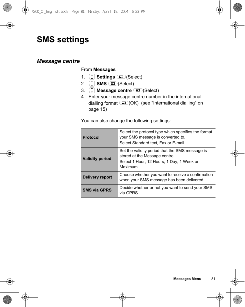 Messages Menu          81SMS settingsMessage centreFrom Messages1. 4 Settings A(Select)2. 4 SMS A(Select)3. 4 Message centre A(Select)4. Enter your message centre number in the international dialling format A(OK)  (see &quot;International dialling&quot; on page 15)You can also change the following settings:ProtocolSelect the protocol type which specifies the format your SMS message is converted to. Select Standard text, Fax or E-mail.Validity periodSet the validity period that the SMS message is stored at the Message centre.Select 1 Hour, 12 Hours, 1 Day, 1 Week or Maximum.Delivery report Choose whether you want to receive a confirmation when your SMS message has been delivered. SMS via GPRS Decide whether or not you want to send your SMS via GPRS.X300_OI_English.book  Page 81  Monday, April 19, 2004  6:23 PM