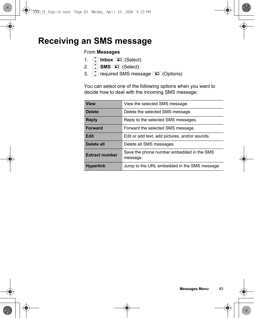 Messages Menu          83Receiving an SMS messageFrom Messages1. 4 Inbox A(Select)2. 4 SMS A(Select)3. 4 required SMS message A(Options)You can select one of the following options when you want to decide how to deal with the incoming SMS message:View View the selected SMS message.Delete Delete the selected SMS message.Reply Reply to the selected SMS messages.Forward Forward the selected SMS message.Edit Edit or add text, add pictures, and/or sounds.Delete all Delete all SMS messages.Extract number Save the phone number embedded in the SMS message.Hyperlink Jump to the URL embedded in the SMS message.X300_OI_English.book  Page 83  Monday, April 19, 2004  6:23 PM