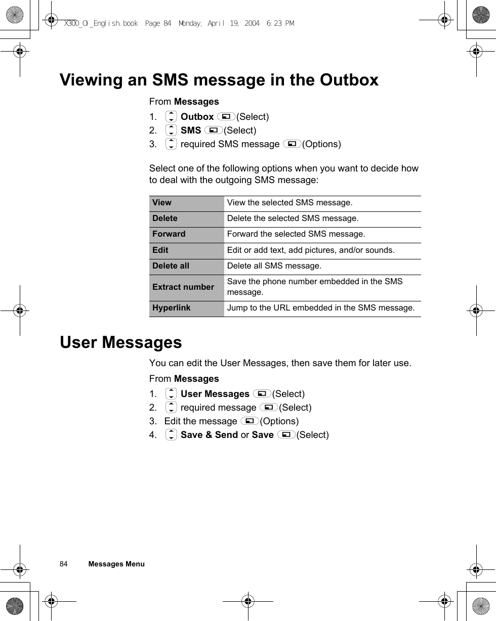 84          Messages MenuViewing an SMS message in the OutboxFrom Messages1. 4 Outbox A(Select)2. 4 SMS A(Select)3. 4 required SMS message A(Options)Select one of the following options when you want to decide how to deal with the outgoing SMS message:User MessagesYou can edit the User Messages, then save them for later use.From Messages1. 4 User Messages A(Select)2. 4 required message A(Select)3. Edit the message A(Options)4. 4 Save &amp; Send or Save A(Select)View View the selected SMS message.Delete Delete the selected SMS message.Forward Forward the selected SMS message.Edit Edit or add text, add pictures, and/or sounds.Delete all Delete all SMS message.Extract number Save the phone number embedded in the SMS message.Hyperlink Jump to the URL embedded in the SMS message.X300_OI_English.book  Page 84  Monday, April 19, 2004  6:23 PM