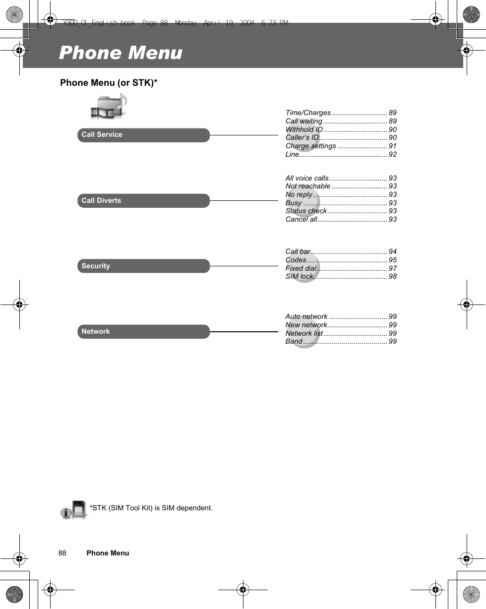 88          Phone MenuPhone MenuPhone Menu (or STK)*Time/Charges............................ 89Call waiting ................................ 89Withhold ID ................................ 90Caller’s ID .................................. 90Charge settings ......................... 91Line............................................ 92Call ServiceCall DivertsNetworkAuto network ............................. 99New network.............................. 99Network list................................ 99Band .......................................... 99SecurityCall bar ...................................... 94Codes ........................................ 95Fixed dial ................................... 97SIM lock..................................... 98*STK (SIM Tool Kit) is SIM dependent.All voice calls ............................. 93Not reachable ............................ 93No reply ..................................... 93Busy .......................................... 93Status check.............................. 93Cancel all................................... 93X300_OI_English.book  Page 88  Monday, April 19, 2004  6:23 PM