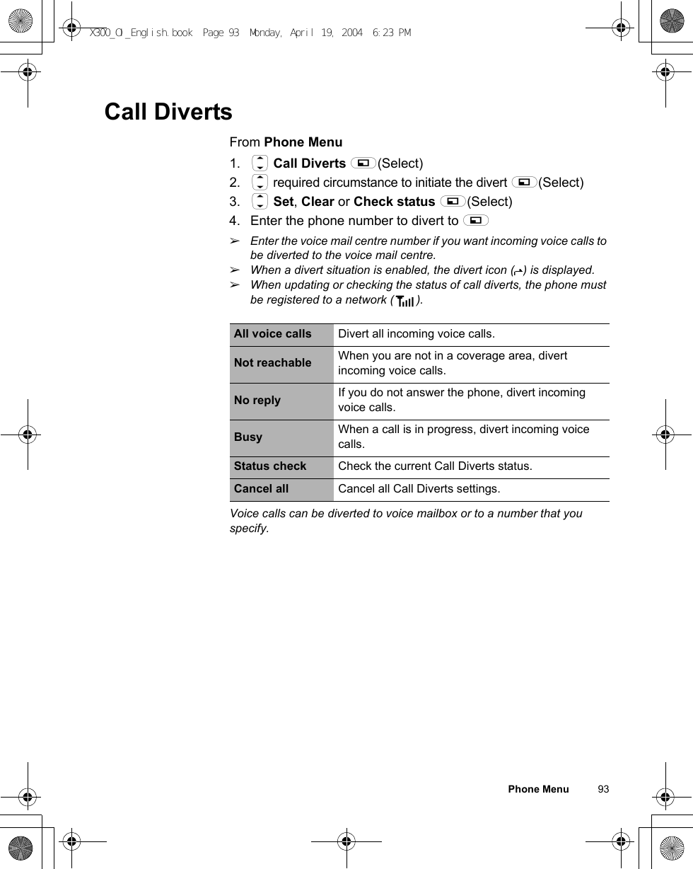 Phone Menu          93Call DivertsFrom Phone Menu1. 4 Call Diverts A(Select)2. 4 required circumstance to initiate the divert A(Select)3. 4 Set, Clear or Check status A(Select)4. Enter the phone number to divert to AãEnter the voice mail centre number if you want incoming voice calls to be diverted to the voice mail centre.ãWhen a divert situation is enabled, the divert icon ( ) is displayed.ãWhen updating or checking the status of call diverts, the phone must be registered to a network (OP).Voice calls can be diverted to voice mailbox or to a number that you specify.All voice calls Divert all incoming voice calls.Not reachable When you are not in a coverage area, divert incoming voice calls.No reply If you do not answer the phone, divert incoming voice calls.Busy When a call is in progress, divert incoming voice calls.Status check Check the current Call Diverts status.Cancel all Cancel all Call Diverts settings.X300_OI_English.book  Page 93  Monday, April 19, 2004  6:23 PM