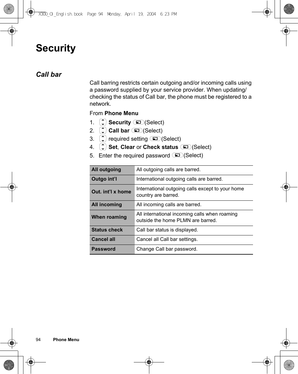 94          Phone MenuSecurityCall barCall barring restricts certain outgoing and/or incoming calls using a password supplied by your service provider. When updating/checking the status of Call bar, the phone must be registered to a network.From Phone Menu1. 4 Security A(Select) 2. 4 Call bar A(Select)3. 4 required setting A(Select) 4. 4 Set, Clear or Check status A(Select)5. Enter the required password A(Select)All outgoing All outgoing calls are barred.Outgo int’l International outgoing calls are barred.Out. int’l x home International outgoing calls except to your home country are barred.All incoming All incoming calls are barred.When roaming All international incoming calls when roaming outside the home PLMN are barred.Status check Call bar status is displayed.Cancel all Cancel all Call bar settings.Password Change Call bar password.X300_OI_English.book  Page 94  Monday, April 19, 2004  6:23 PM