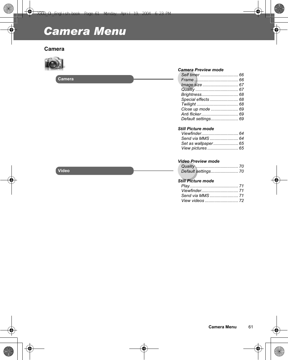 Camera Menu          61Camera Menu CameraVideoVideo Preview modeQuality .................................... 70Default settings....................... 70Still Picture modePlay......................................... 71Viewfinder............................... 71Send via MMS ........................ 71View videos ............................ 72CameraCamera Preview modeSelf timer ................................ 66Frame ..................................... 66Image size .............................. 67Quality .................................... 67Brightness............................... 68Special effects ........................ 68Twilight ................................... 68Close up mode ....................... 69Anti flicker ............................... 69Default settings....................... 69Still Picture modeViewfinder............................... 64Send via MMS ........................ 64Set as wallpaper ..................... 65View pictures .......................... 65X300_OI_English.book  Page 61  Monday, April 19, 2004  6:23 PM