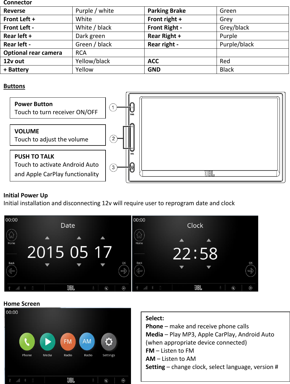 Connector Reverse Purple / white Parking Brake Green Front Left + White Front right + Grey Front Left - White / black Front Right - Grey/black Rear left + Dark green Rear Right + Purple Rear left - Green / black Rear right - Purple/black Optional rear camera RCA   12v out Yellow/black ACC Red + Battery Yellow GND Black  Buttons   Initial Power Up Initial installation and disconnecting 12v will require user to reprogram date and clock    Home Screen  Power Button Touch to turn receiver ON/OFF  VOLUME Touch to adjust the volume  PUSH TO TALK Touch to activate Android Auto and Apple CarPlay functionality  Select: Phone – make and receive phone calls Media – Play MP3, Apple CarPlay, Android Auto (when appropriate device connected) FM – Listen to FM AM – Listen to AM Setting – change clock, select language, version #  