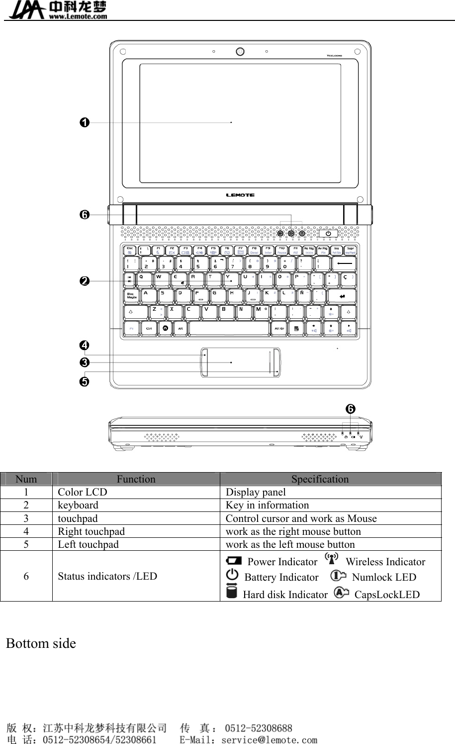    Num  Function              Specification 1  Color LCD  Display panel   2  keyboard  Key in information 3  touchpad  Control cursor and work as Mouse   4  Right touchpad  work as the right mouse button 5  Left touchpad  work as the left mouse button   6  Status indicators /LED  Power Indicator   Wireless Indicator  Battery Indicator    Numlock LED   Hard disk Indicator   CapsLockLED    Bottom side     