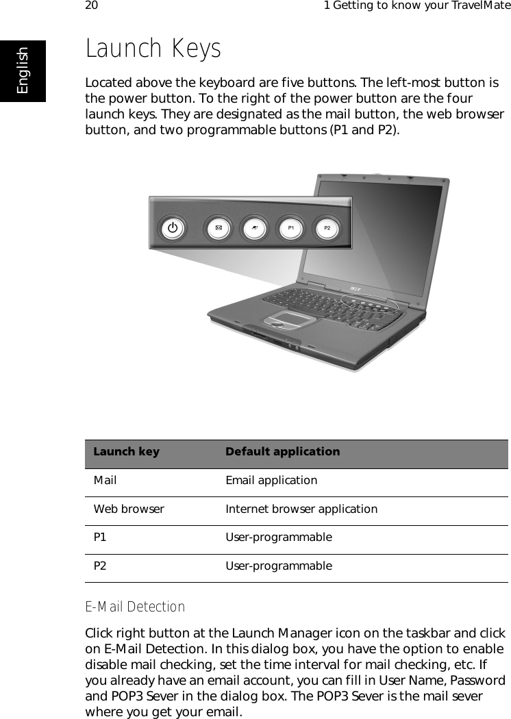  1 Getting to know your TravelMate20EnglishLaunch KeysLocated above the keyboard are five buttons. The left-most button is the power button. To the right of the power button are the four launch keys. They are designated as the mail button, the web browser button, and two programmable buttons (P1 and P2).E-Mail DetectionClick right button at the Launch Manager icon on the taskbar and click on E-Mail Detection. In this dialog box, you have the option to enable disable mail checking, set the time interval for mail checking, etc. If you already have an email account, you can fill in User Name, Password and POP3 Sever in the dialog box. The POP3 Sever is the mail sever where you get your email.Launch key Default applicationMail Email applicationWeb browser Internet browser applicationP1 User-programmableP2 User-programmable