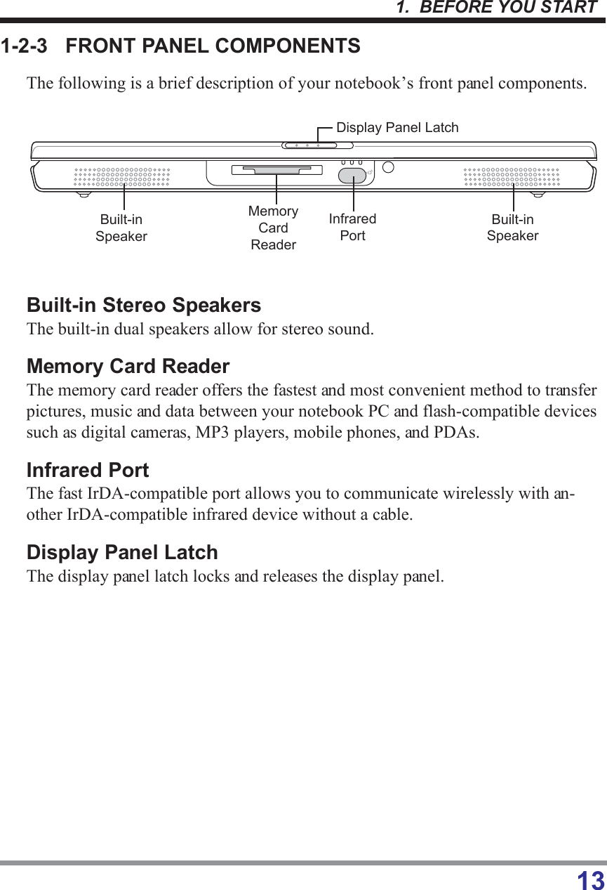 131.  BEFORE YOU START1-2-3 FRONT PANEL COMPONENTSThe following is a brief description of your notebook’s front panel components.Built-in Stereo SpeakersThe built-in dual speakers allow for stereo sound.Memory Card ReaderThe memory card reader offers the fastest and most convenient method to transferpictures, music and data between your notebook PC and flash-compatible devicessuch as digital cameras, MP3 players, mobile phones, and PDAs.Infrared PortThe fast IrDA-compatible port allows you to communicate wirelessly with an-other IrDA-compatible infrared device without a cable.Display Panel LatchThe display panel latch locks and releases the display panel.Built-inSpeakerBuilt-inSpeakerDisplay Panel LatchMemoryCardReaderInfraredPort