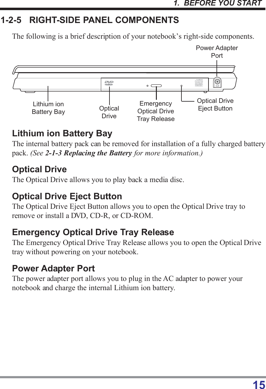 151.  BEFORE YOU START1-2-5 RIGHT-SIDE PANEL COMPONENTSThe following is a brief description of your notebook’s right-side components.Lithium ion Battery BayThe internal battery pack can be removed for installation of a fully charged batterypack. (See 2-1-3 Replacing the Battery for more information.)Optical DriveThe Optical Drive allows you to play back a media disc.Optical Drive Eject ButtonThe Optical Drive Eject Button allows you to open the Optical Drive tray toremove or install a DVD, CD-R, or CD-ROM.Emergency Optical Drive Tray ReleaseThe Emergency Optical Drive Tray Release allows you to open the Optical Drivetray without powering on your notebook.Power Adapter PortThe power adapter port allows you to plug in the AC adapter to power yournotebook and charge the internal Lithium ion battery.Lithium ionBattery Bay OpticalDriveOptical DriveEject ButtonEmergencyOptical DriveTray ReleasePower AdapterPort