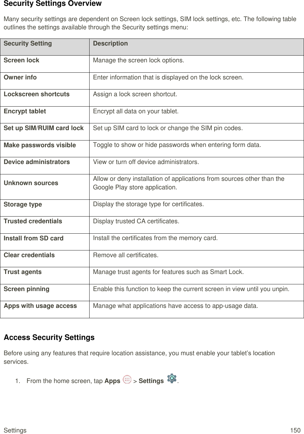 Settings  150 Security Settings Overview Many security settings are dependent on Screen lock settings, SIM lock settings, etc. The following table outlines the settings available through the Security settings menu:  Security Setting Description Screen lock Manage the screen lock options. Owner info  Enter information that is displayed on the lock screen. Lockscreen shortcuts  Assign a lock screen shortcut. Encrypt tablet Encrypt all data on your tablet. Set up SIM/RUIM card lock Set up SIM card to lock or change the SIM pin codes. Make passwords visible Toggle to show or hide passwords when entering form data. Device administrators View or turn off device administrators. Unknown sources Allow or deny installation of applications from sources other than the Google Play store application. Storage type Display the storage type for certificates. Trusted credentials Display trusted CA certificates. Install from SD card Install the certificates from the memory card. Clear credentials Remove all certificates. Trust agents Manage trust agents for features such as Smart Lock. Screen pinning Enable this function to keep the current screen in view until you unpin. Apps with usage access Manage what applications have access to app-usage data.  Access Security Settings Before using any features that require location assistance, you must enable your tablet’s location services. 1.  From the home screen, tap Apps   &gt; Settings  .  