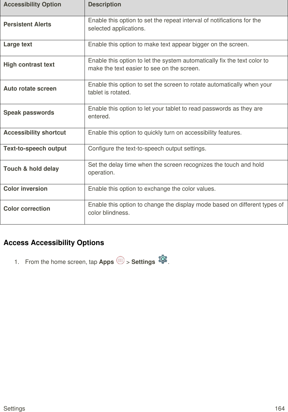 Settings  164 Accessibility Option Description Persistent Alerts Enable this option to set the repeat interval of notifications for the selected applications. Large text Enable this option to make text appear bigger on the screen. High contrast text Enable this option to let the system automatically fix the text color to make the text easier to see on the screen.  Auto rotate screen Enable this option to set the screen to rotate automatically when your tablet is rotated. Speak passwords Enable this option to let your tablet to read passwords as they are entered. Accessibility shortcut Enable this option to quickly turn on accessibility features. Text-to-speech output Configure the text-to-speech output settings. Touch &amp; hold delay Set the delay time when the screen recognizes the touch and hold operation. Color inversion Enable this option to exchange the color values. Color correction Enable this option to change the display mode based on different types of color blindness.  Access Accessibility Options 1.  From the home screen, tap Apps   &gt; Settings  .  