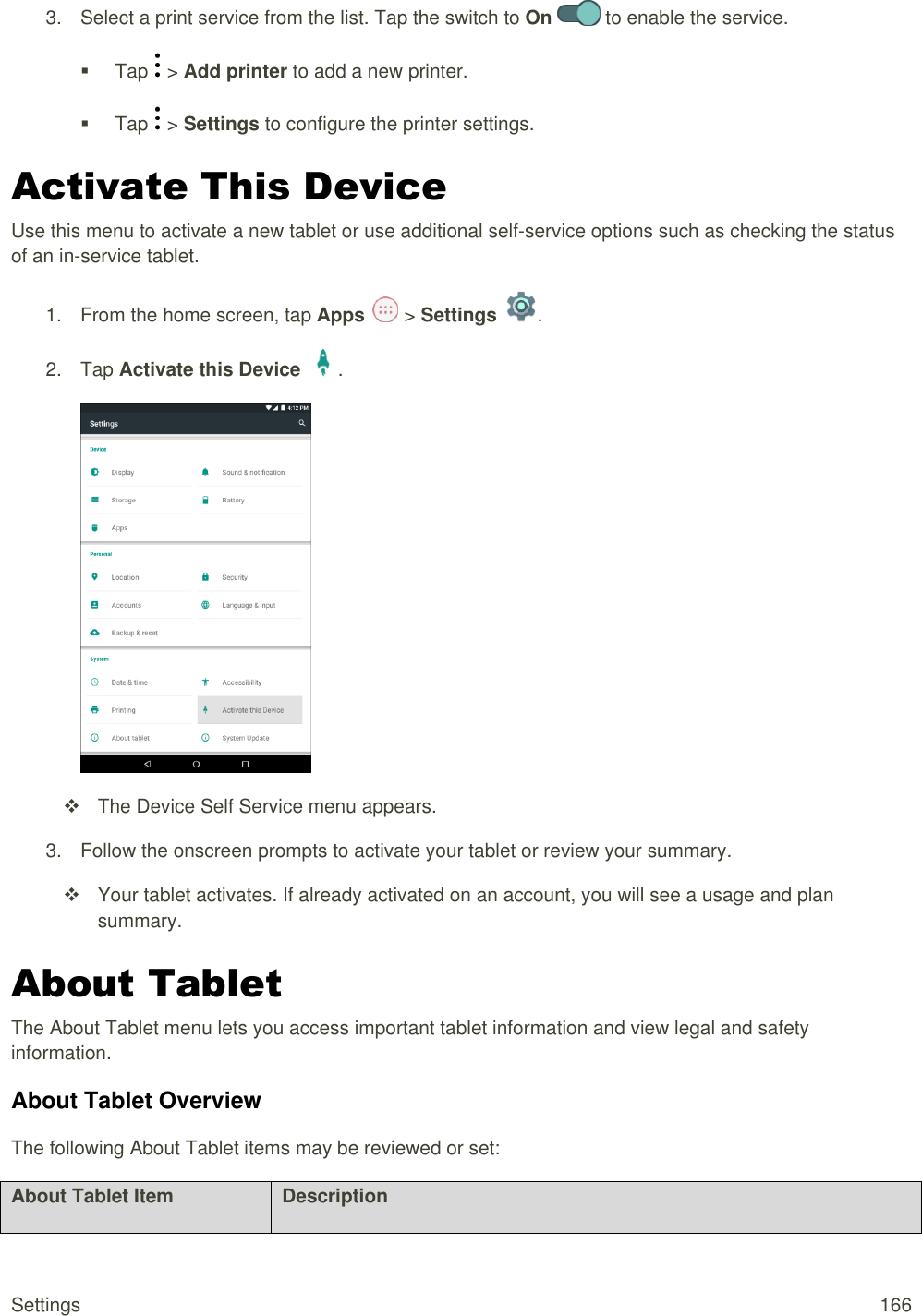 Settings  166 3.  Select a print service from the list. Tap the switch to On   to enable the service.   Tap   &gt; Add printer to add a new printer.   Tap   &gt; Settings to configure the printer settings. Activate This Device  Use this menu to activate a new tablet or use additional self-service options such as checking the status of an in-service tablet. 1.  From the home screen, tap Apps   &gt; Settings  .  2.  Tap Activate this Device  .    The Device Self Service menu appears. 3.  Follow the onscreen prompts to activate your tablet or review your summary.   Your tablet activates. If already activated on an account, you will see a usage and plan summary. About Tablet The About Tablet menu lets you access important tablet information and view legal and safety information. About Tablet Overview The following About Tablet items may be reviewed or set:  About Tablet Item Description 