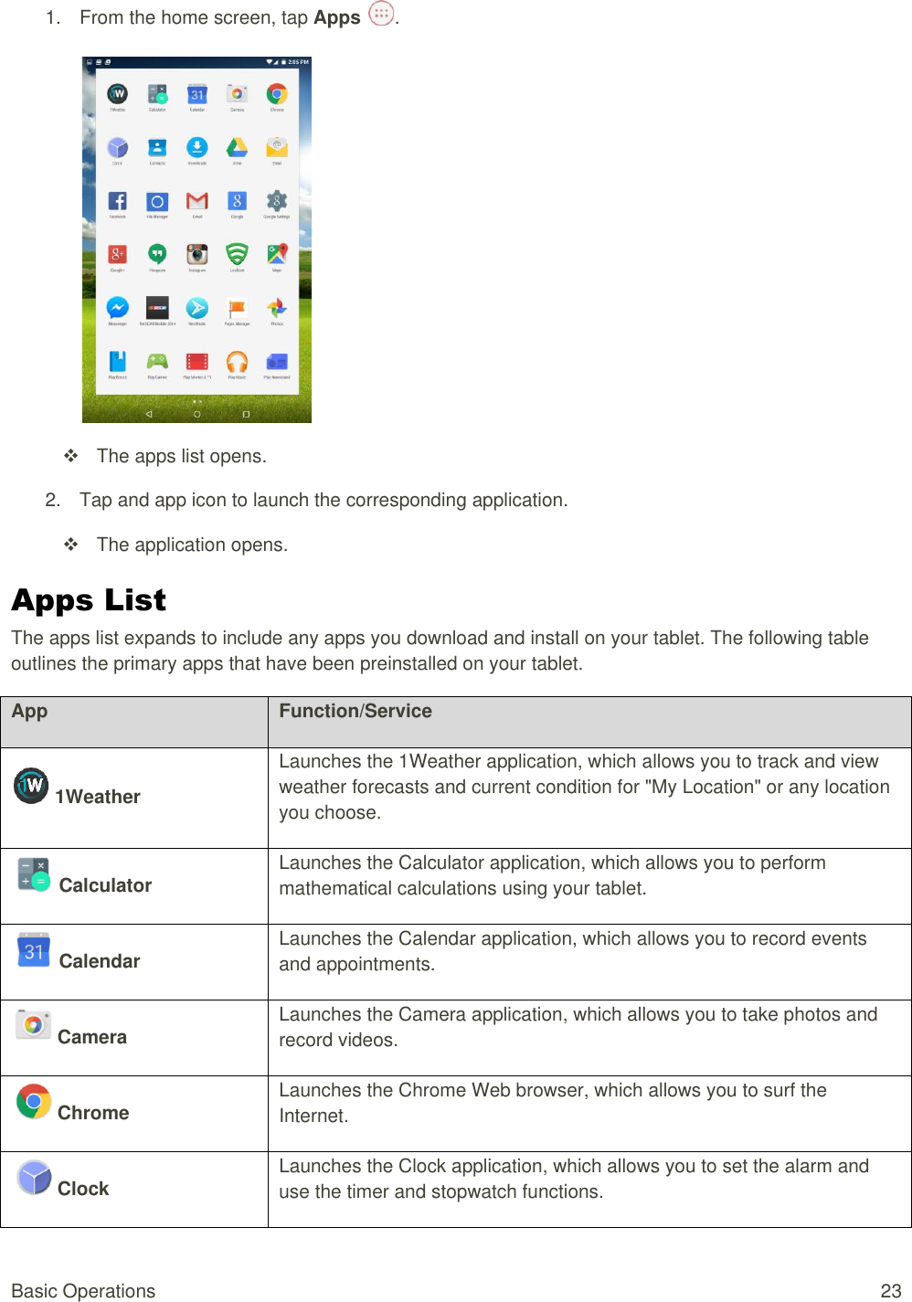 Basic Operations  23 1.  From the home screen, tap Apps  .     The apps list opens. 2.  Tap and app icon to launch the corresponding application.    The application opens. Apps List  The apps list expands to include any apps you download and install on your tablet. The following table outlines the primary apps that have been preinstalled on your tablet. App Function/Service  1Weather   Launches the 1Weather application, which allows you to track and view weather forecasts and current condition for &quot;My Location&quot; or any location you choose.     Calculator   Launches the Calculator application, which allows you to perform mathematical calculations using your tablet.     Calendar   Launches the Calendar application, which allows you to record events and appointments.     Camera   Launches the Camera application, which allows you to take photos and record videos.     Chrome   Launches the Chrome Web browser, which allows you to surf the Internet.     Clock Launches the Clock application, which allows you to set the alarm and use the timer and stopwatch functions.    