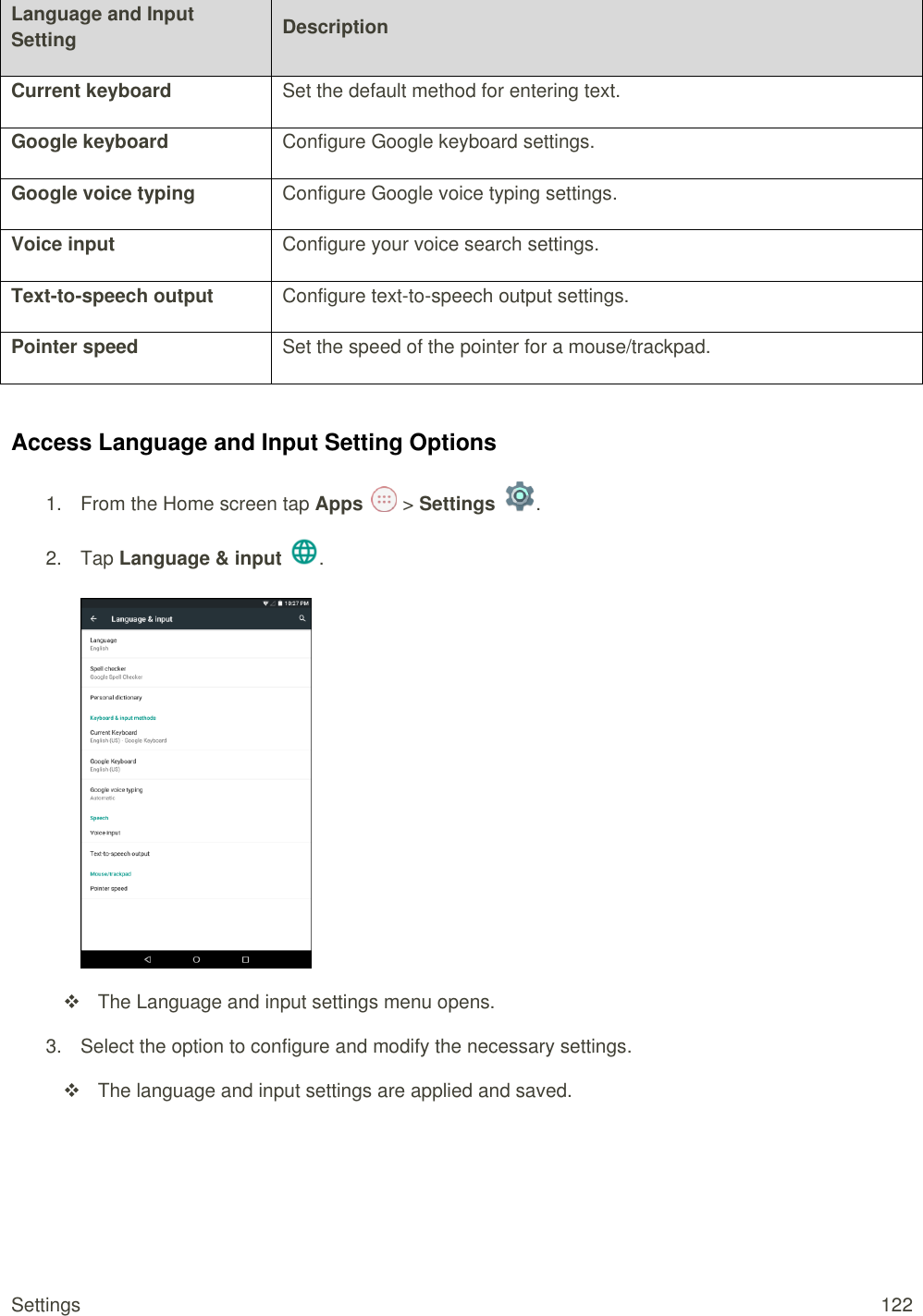 Settings  122 Language and Input Setting Description Current keyboard Set the default method for entering text. Google keyboard Configure Google keyboard settings. Google voice typing Configure Google voice typing settings. Voice input Configure your voice search settings. Text-to-speech output Configure text-to-speech output settings. Pointer speed Set the speed of the pointer for a mouse/trackpad.  Access Language and Input Setting Options 1.  From the Home screen tap Apps   &gt; Settings  .  2.  Tap Language &amp; input  .     The Language and input settings menu opens. 3.  Select the option to configure and modify the necessary settings.   The language and input settings are applied and saved.   