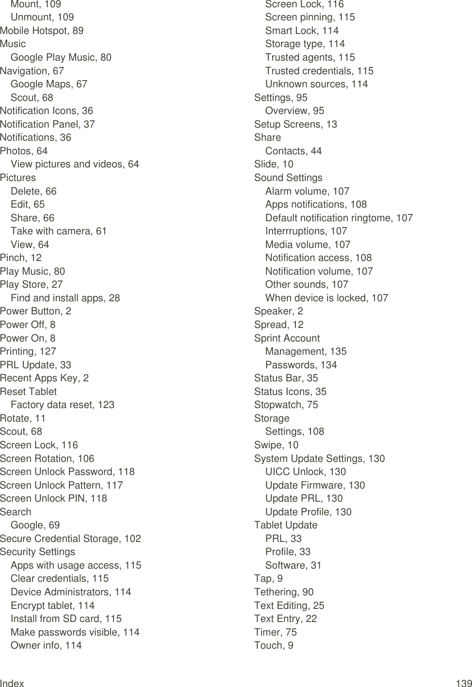 Index  139 Mount, 109 Unmount, 109 Mobile Hotspot, 89 Music Google Play Music, 80 Navigation, 67 Google Maps, 67 Scout, 68 Notification Icons, 36 Notification Panel, 37 Notifications, 36 Photos, 64 View pictures and videos, 64 Pictures Delete, 66 Edit, 65 Share, 66 Take with camera, 61 View, 64 Pinch, 12 Play Music, 80 Play Store, 27 Find and install apps, 28 Power Button, 2 Power Off, 8 Power On, 8 Printing, 127 PRL Update, 33 Recent Apps Key, 2 Reset Tablet Factory data reset, 123 Rotate, 11 Scout, 68 Screen Lock, 116 Screen Rotation, 106 Screen Unlock Password, 118 Screen Unlock Pattern, 117 Screen Unlock PIN, 118 Search Google, 69 Secure Credential Storage, 102 Security Settings Apps with usage access, 115 Clear credentials, 115 Device Administrators, 114 Encrypt tablet, 114 Install from SD card, 115 Make passwords visible, 114 Owner info, 114 Screen Lock, 116 Screen pinning, 115 Smart Lock, 114 Storage type, 114 Trusted agents, 115 Trusted credentials, 115 Unknown sources, 114 Settings, 95 Overview, 95 Setup Screens, 13 Share Contacts, 44 Slide, 10 Sound Settings Alarm volume, 107 Apps notifications, 108 Default notification ringtome, 107 Interrruptions, 107 Media volume, 107 Notification access, 108 Notification volume, 107 Other sounds, 107 When device is locked, 107 Speaker, 2 Spread, 12 Sprint Account Management, 135 Passwords, 134 Status Bar, 35 Status Icons, 35 Stopwatch, 75 Storage Settings, 108 Swipe, 10 System Update Settings, 130 UICC Unlock, 130 Update Firmware, 130 Update PRL, 130 Update Profile, 130 Tablet Update PRL, 33 Profile, 33 Software, 31 Tap, 9 Tethering, 90 Text Editing, 25 Text Entry, 22 Timer, 75 Touch, 9 