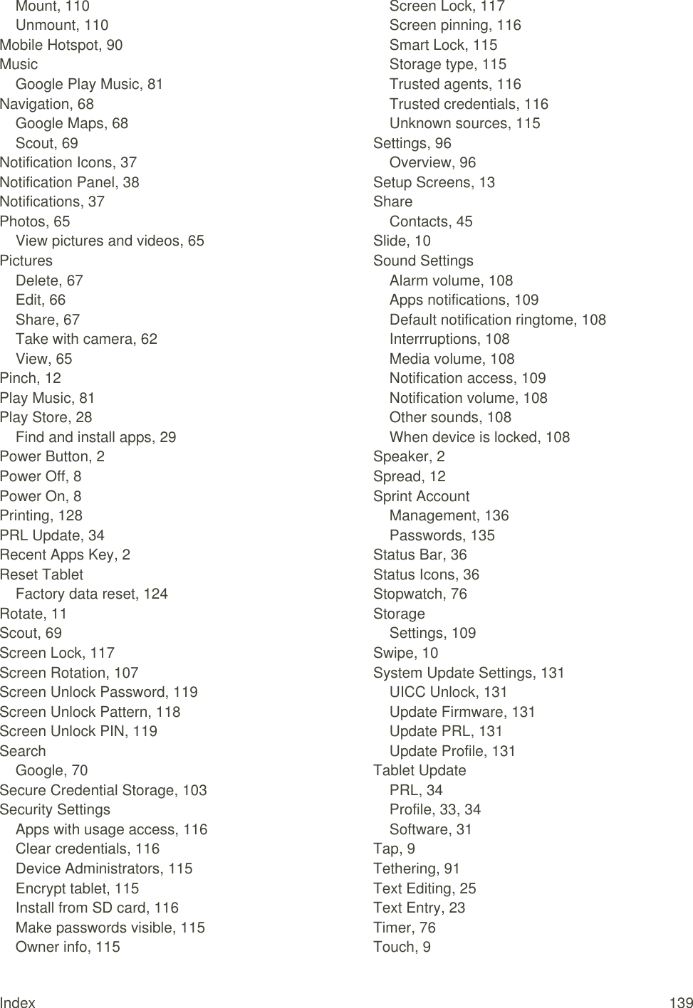 Index  139 Mount, 110 Unmount, 110 Mobile Hotspot, 90 Music Google Play Music, 81 Navigation, 68 Google Maps, 68 Scout, 69 Notification Icons, 37 Notification Panel, 38 Notifications, 37 Photos, 65 View pictures and videos, 65 Pictures Delete, 67 Edit, 66 Share, 67 Take with camera, 62 View, 65 Pinch, 12 Play Music, 81 Play Store, 28 Find and install apps, 29 Power Button, 2 Power Off, 8 Power On, 8 Printing, 128 PRL Update, 34 Recent Apps Key, 2 Reset Tablet Factory data reset, 124 Rotate, 11 Scout, 69 Screen Lock, 117 Screen Rotation, 107 Screen Unlock Password, 119 Screen Unlock Pattern, 118 Screen Unlock PIN, 119 Search Google, 70 Secure Credential Storage, 103 Security Settings Apps with usage access, 116 Clear credentials, 116 Device Administrators, 115 Encrypt tablet, 115 Install from SD card, 116 Make passwords visible, 115 Owner info, 115 Screen Lock, 117 Screen pinning, 116 Smart Lock, 115 Storage type, 115 Trusted agents, 116 Trusted credentials, 116 Unknown sources, 115 Settings, 96 Overview, 96 Setup Screens, 13 Share Contacts, 45 Slide, 10 Sound Settings Alarm volume, 108 Apps notifications, 109 Default notification ringtome, 108 Interrruptions, 108 Media volume, 108 Notification access, 109 Notification volume, 108 Other sounds, 108 When device is locked, 108 Speaker, 2 Spread, 12 Sprint Account Management, 136 Passwords, 135 Status Bar, 36 Status Icons, 36 Stopwatch, 76 Storage Settings, 109 Swipe, 10 System Update Settings, 131 UICC Unlock, 131 Update Firmware, 131 Update PRL, 131 Update Profile, 131 Tablet Update PRL, 34 Profile, 33, 34 Software, 31 Tap, 9 Tethering, 91 Text Editing, 25 Text Entry, 23 Timer, 76 Touch, 9 