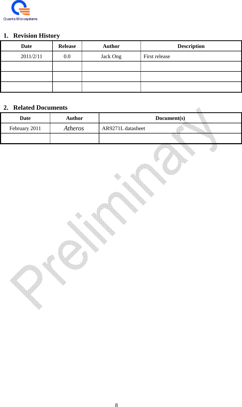   8  1. Revision History Date Release Author  Description 2011/2/11 0.0  Jack Ong First release                    2. Related Documents Date Author  Document(s) February 2011  Atheros  AR9271L datasheet      