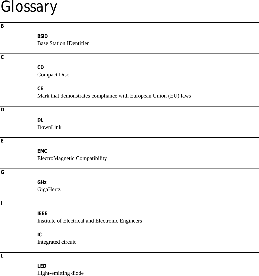    Glossary B BSID Base Station IDentifier C CD Compact Disc CE Mark that demonstrates compliance with European Union (EU) laws D DL DownLink E EMC ElectroMagnetic Compatibility G GHz GigaHertz I IEEE Institute of Electrical and Electronic Engineers IC Integrated circuit L LED Light-emitting diode 