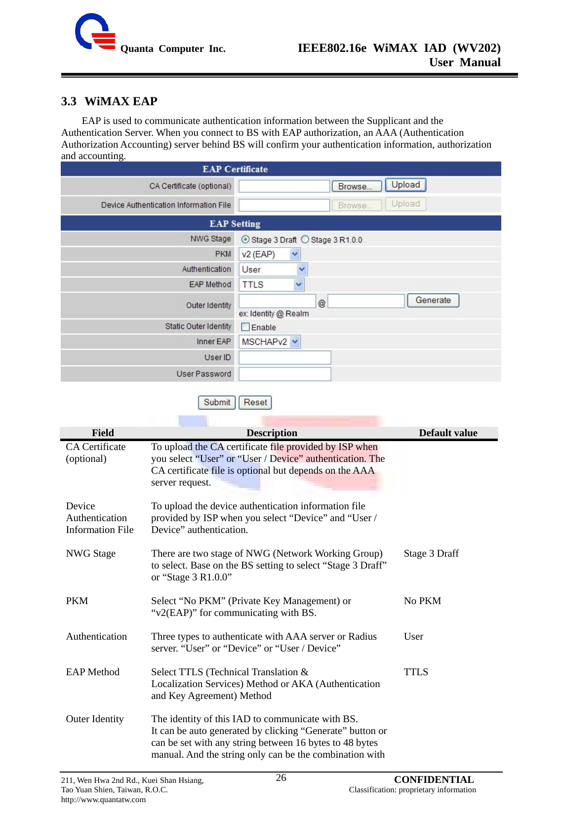  Quanta Computer Inc.              IEEE802.16e WiMAX IAD (WV202) User Manual                         211, Wen Hwa 2nd Rd., Kuei Shan Hsiang,                                         CONFIDENTIAL Tao Yuan Shien, Taiwan, R.O.C.                                            Classification: proprietary information http://www.quantatw.com   263.3 WiMAX EAP         EAP is used to communicate authentication information between the Supplicant and the Authentication Server. When you connect to BS with EAP authorization, an AAA (Authentication Authorization Accounting) server behind BS will confirm your authentication information, authorization and accounting.     Field  Description  Default value CA Certificate (optional)  To upload the CA certificate file provided by ISP when you select “User” or “User / Device” authentication. The CA certificate file is optional but depends on the AAA server request.   Device Authentication Information File To upload the device authentication information file provided by ISP when you select “Device” and “User / Device” authentication.     NWG Stage  There are two stage of NWG (Network Working Group) to select. Base on the BS setting to select “Stage 3 Draff” or “Stage 3 R1.0.0”  Stage 3 Draff PKM  Select “No PKM” (Private Key Management) or “v2(EAP)” for communicating with BS.  No PKM Authentication  Three types to authenticate with AAA server or Radius server. “User” or “Device” or “User / Device”  User EAP Method  Select TTLS (Technical Translation &amp; Localization Services) Method or AKA (Authentication and Key Agreement) Method  TTLS Outer Identity  The identity of this IAD to communicate with BS. It can be auto generated by clicking “Generate” button or can be set with any string between 16 bytes to 48 bytes manual. And the string only can be the combination with  