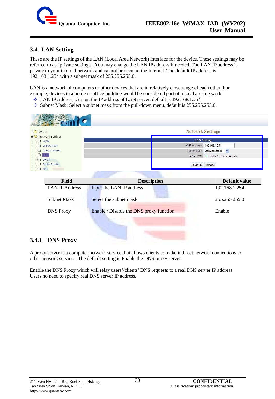  Quanta Computer Inc.              IEEE802.16e WiMAX IAD (WV202) User Manual                         211, Wen Hwa 2nd Rd., Kuei Shan Hsiang,                                         CONFIDENTIAL Tao Yuan Shien, Taiwan, R.O.C.                                            Classification: proprietary information http://www.quantatw.com   303.4 LAN Setting These are the IP settings of the LAN (Local Area Network) interface for the device. These settings may be referred to as &quot;private settings&quot;. You may change the LAN IP address if needed. The LAN IP address is private to your internal network and cannot be seen on the Internet. The default IP address is 192.168.1.254 with a subnet mask of 255.255.255.0.  LAN is a network of computers or other devices that are in relatively close range of each other. For example, devices in a home or office building would be considered part of a local area network.    LAN IP Address: Assign the IP address of LAN server, default is 192.168.1.254  Subnet Mask: Select a subnet mask from the pull-down menu, default is 255.255.255.0.    Field  Description  Default value LAN IP Address  Input the LAN IP address  192.168.1.254 Subnet Mask  Select the subnet mask    255.255.255.0 DNS Proxy  Enable / Disable the DNS proxy function  Enable   3.4.1 DNS Proxy A proxy server is a computer network service that allows clients to make indirect network connections to other network services. The default setting is Enable the DNS proxy server.  Enable the DNS Proxy which will relay users’/clients’ DNS requests to a real DNS server IP address. Users no need to specify real DNS server IP address. 