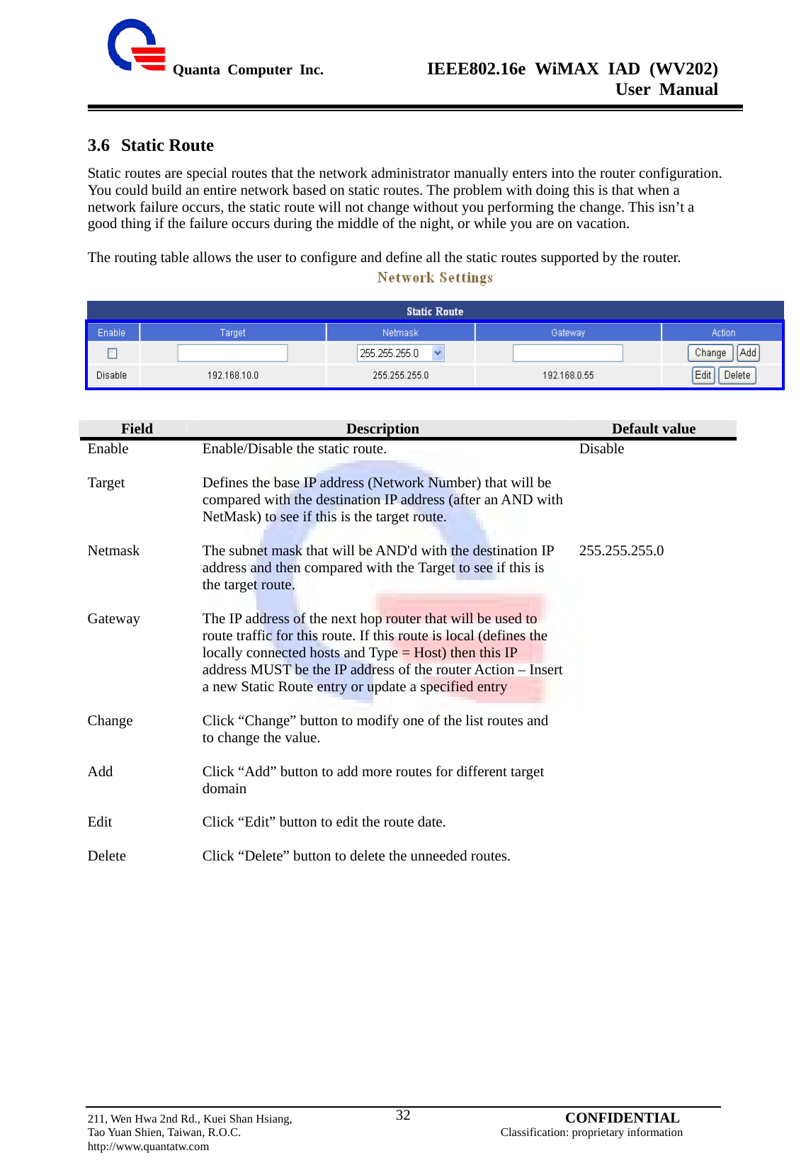  Quanta Computer Inc.              IEEE802.16e WiMAX IAD (WV202) User Manual                         211, Wen Hwa 2nd Rd., Kuei Shan Hsiang,                                         CONFIDENTIAL Tao Yuan Shien, Taiwan, R.O.C.                                            Classification: proprietary information http://www.quantatw.com   323.6 Static Route Static routes are special routes that the network administrator manually enters into the router configuration. You could build an entire network based on static routes. The problem with doing this is that when a network failure occurs, the static route will not change without you performing the change. This isn’t a good thing if the failure occurs during the middle of the night, or while you are on vacation.  The routing table allows the user to configure and define all the static routes supported by the router.       Field  Description  Default value Enable  Enable/Disable the static route.  Disable Target  Defines the base IP address (Network Number) that will be compared with the destination IP address (after an AND with NetMask) to see if this is the target route.   Netmask  The subnet mask that will be AND&apos;d with the destination IP address and then compared with the Target to see if this is the target route.  255.255.255.0 Gateway  The IP address of the next hop router that will be used to route traffic for this route. If this route is local (defines the locally connected hosts and Type = Host) then this IP address MUST be the IP address of the router Action – Insert a new Static Route entry or update a specified entry   Change  Click “Change” button to modify one of the list routes and to change the value.   Add  Click “Add” button to add more routes for different target domain   Edit  Click “Edit” button to edit the route date.   Delete  Click “Delete” button to delete the unneeded routes.   