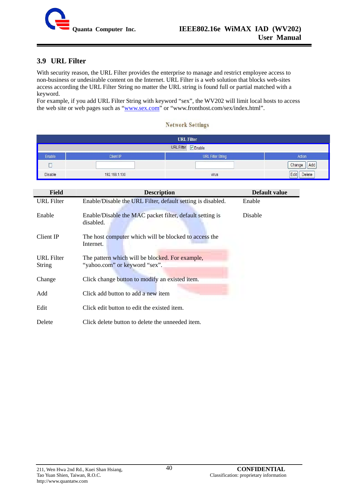  Quanta Computer Inc.              IEEE802.16e WiMAX IAD (WV202) User Manual                         211, Wen Hwa 2nd Rd., Kuei Shan Hsiang,                                         CONFIDENTIAL Tao Yuan Shien, Taiwan, R.O.C.                                            Classification: proprietary information http://www.quantatw.com   403.9 URL Filter With security reason, the URL Filter provides the enterprise to manage and restrict employee access to non-business or undesirable content on the Internet. URL Filter is a web solution that blocks web-sites access according the URL Filter String no matter the URL string is found full or partial matched with a keyword. For example, if you add URL Filter String with keyword “sex”, the WV202 will limit local hosts to access the web site or web pages such as “www.sex.com” or “www.fronthost.com/sex/index.html”.      Field  Description  Default value URL Filter  Enable/Disable the URL Filter, default setting is disabled.  Enable Enable  Enable/Disable the MAC packet filter, default setting is disabled.  Disable Client IP  The host computer which will be blocked to access the Internet.   URL Filter String  The pattern which will be blocked. For example, “yahoo.com” or keyword “sex”.   Change  Click change button to modify an existed item.   Add  Click add button to add a new item   Edit  Click edit button to edit the existed item.   Delete  Click delete button to delete the unneeded item.   