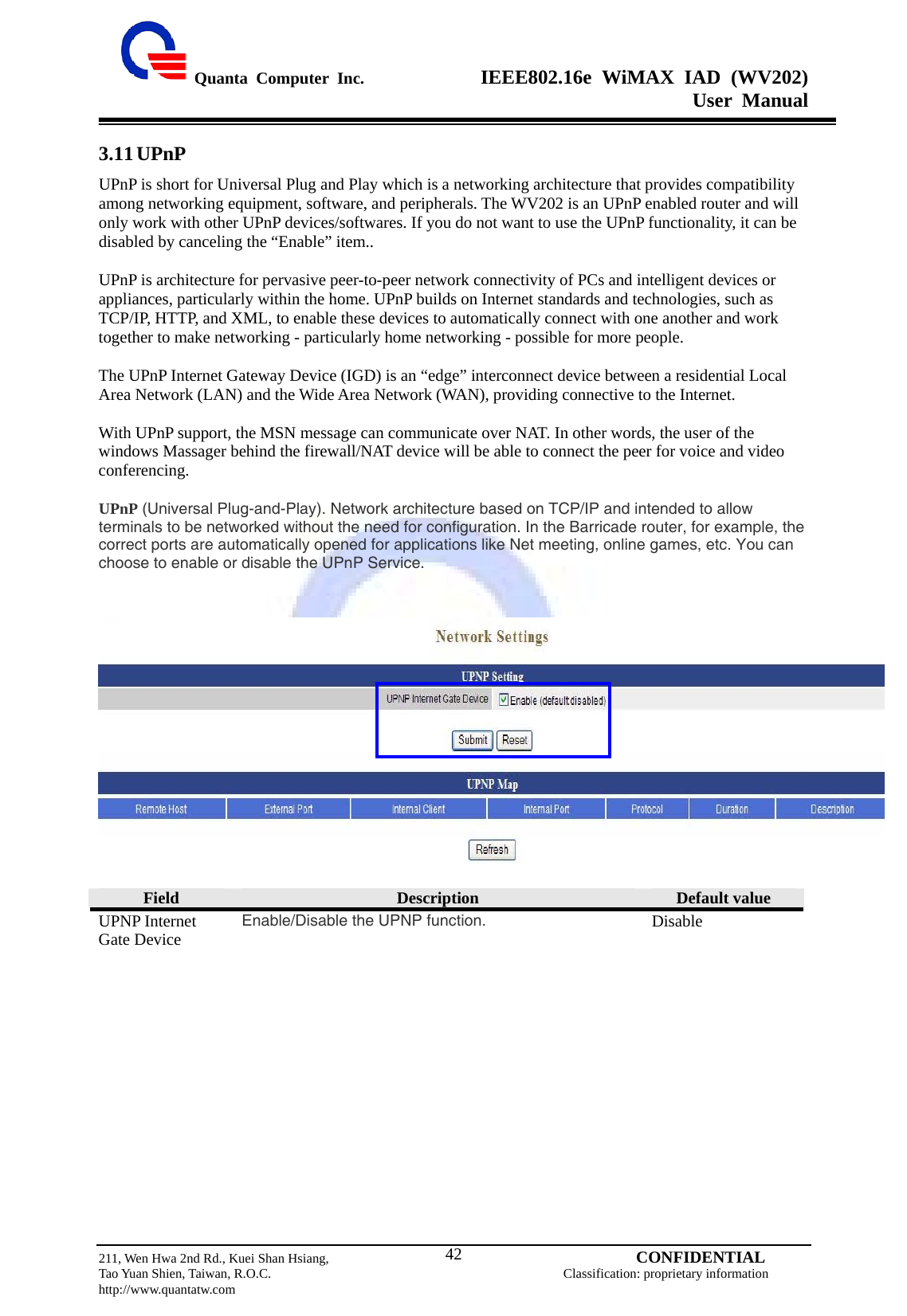  Quanta Computer Inc.              IEEE802.16e WiMAX IAD (WV202) User Manual                         211, Wen Hwa 2nd Rd., Kuei Shan Hsiang,                                         CONFIDENTIAL Tao Yuan Shien, Taiwan, R.O.C.                                            Classification: proprietary information http://www.quantatw.com   423.11 UPnP UPnP is short for Universal Plug and Play which is a networking architecture that provides compatibility among networking equipment, software, and peripherals. The WV202 is an UPnP enabled router and will only work with other UPnP devices/softwares. If you do not want to use the UPnP functionality, it can be disabled by canceling the “Enable” item..  UPnP is architecture for pervasive peer-to-peer network connectivity of PCs and intelligent devices or appliances, particularly within the home. UPnP builds on Internet standards and technologies, such as TCP/IP, HTTP, and XML, to enable these devices to automatically connect with one another and work together to make networking - particularly home networking - possible for more people.  The UPnP Internet Gateway Device (IGD) is an “edge” interconnect device between a residential Local Area Network (LAN) and the Wide Area Network (WAN), providing connective to the Internet.  With UPnP support, the MSN message can communicate over NAT. In other words, the user of the windows Massager behind the firewall/NAT device will be able to connect the peer for voice and video conferencing.  UPnP (Universal Plug-and-Play). Network architecture based on TCP/IP and intended to allow terminals to be networked without the need for configuration. In the Barricade router, for example, the correct ports are automatically opened for applications like Net meeting, online games, etc. You can choose to enable or disable the UPnP Service.        Field  Description  Default value UPNP Internet Gate Device  Enable/Disable the UPNP function. Disable 