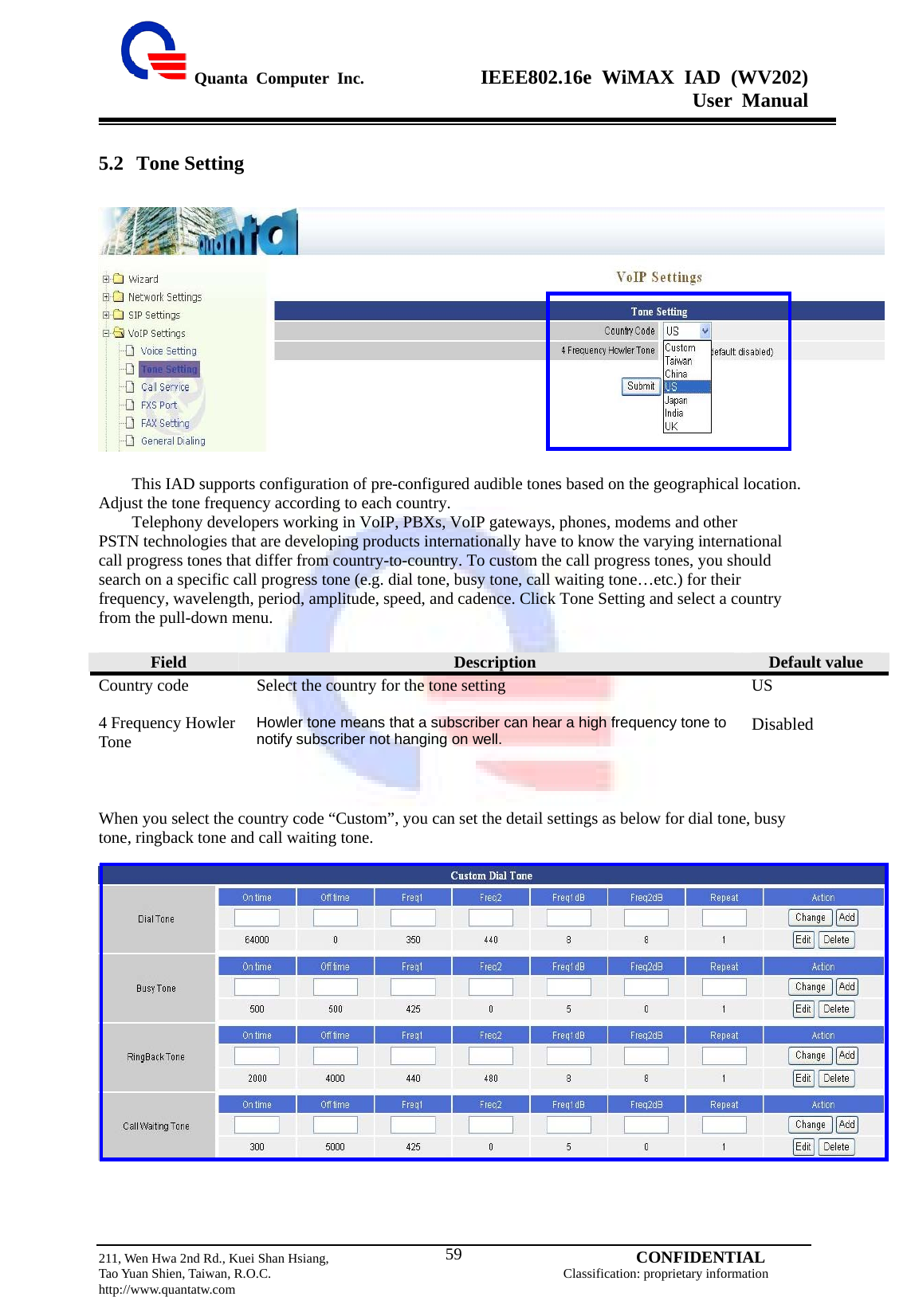  Quanta Computer Inc.              IEEE802.16e WiMAX IAD (WV202) User Manual                         211, Wen Hwa 2nd Rd., Kuei Shan Hsiang,                                         CONFIDENTIAL Tao Yuan Shien, Taiwan, R.O.C.                                            Classification: proprietary information http://www.quantatw.com   595.2 Tone Setting    This IAD supports configuration of pre-configured audible tones based on the geographical location. Adjust the tone frequency according to each country. Telephony developers working in VoIP, PBXs, VoIP gateways, phones, modems and other PSTN technologies that are developing products internationally have to know the varying international call progress tones that differ from country-to-country. To custom the call progress tones, you should search on a specific call progress tone (e.g. dial tone, busy tone, call waiting tone…etc.) for their frequency, wavelength, period, amplitude, speed, and cadence. Click Tone Setting and select a country from the pull-down menu.    When you select the country code “Custom”, you can set the detail settings as below for dial tone, busy tone, ringback tone and call waiting tone.     Field  Description  Default value   Country code  Select the country for the tone setting  US 4 Frequency Howler Tone  Howler tone means that a subscriber can hear a high frequency tone to notify subscriber not hanging on well.  Disabled 